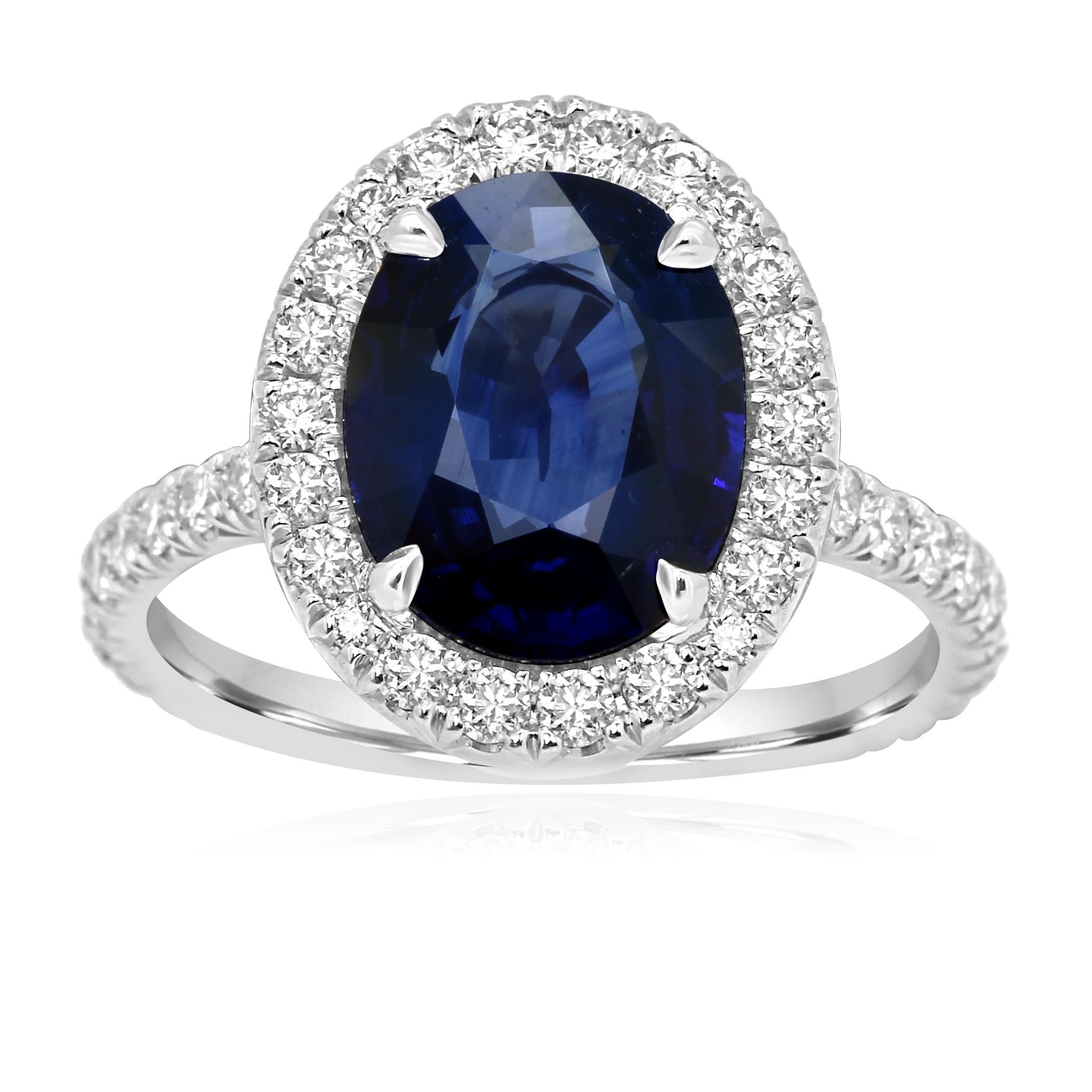 Gorgeous GIA Certified Blue Sapphire Oval 3.59 Carat Encircled in a Single Halo of Colorless VS-SI clarity Round Brilliant Diamonds 0.75 Carat Set in a Stunning Platinum Bridal Cocktail Ring.

Style available in different price ranges. Prices are