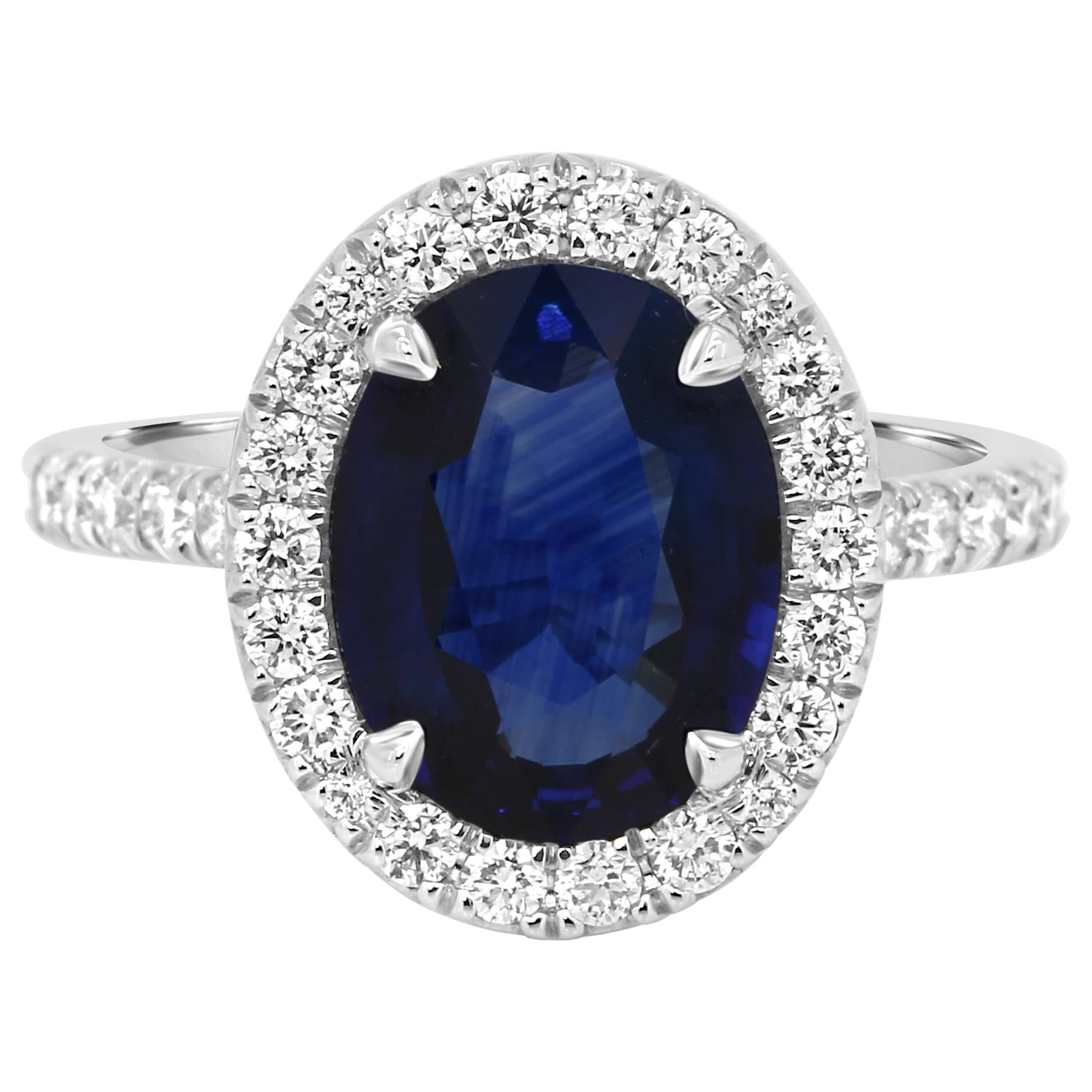GIA Certified 3.59 Carat Sapphire Diamond Halo Platinum Bridal Cocktail Ring