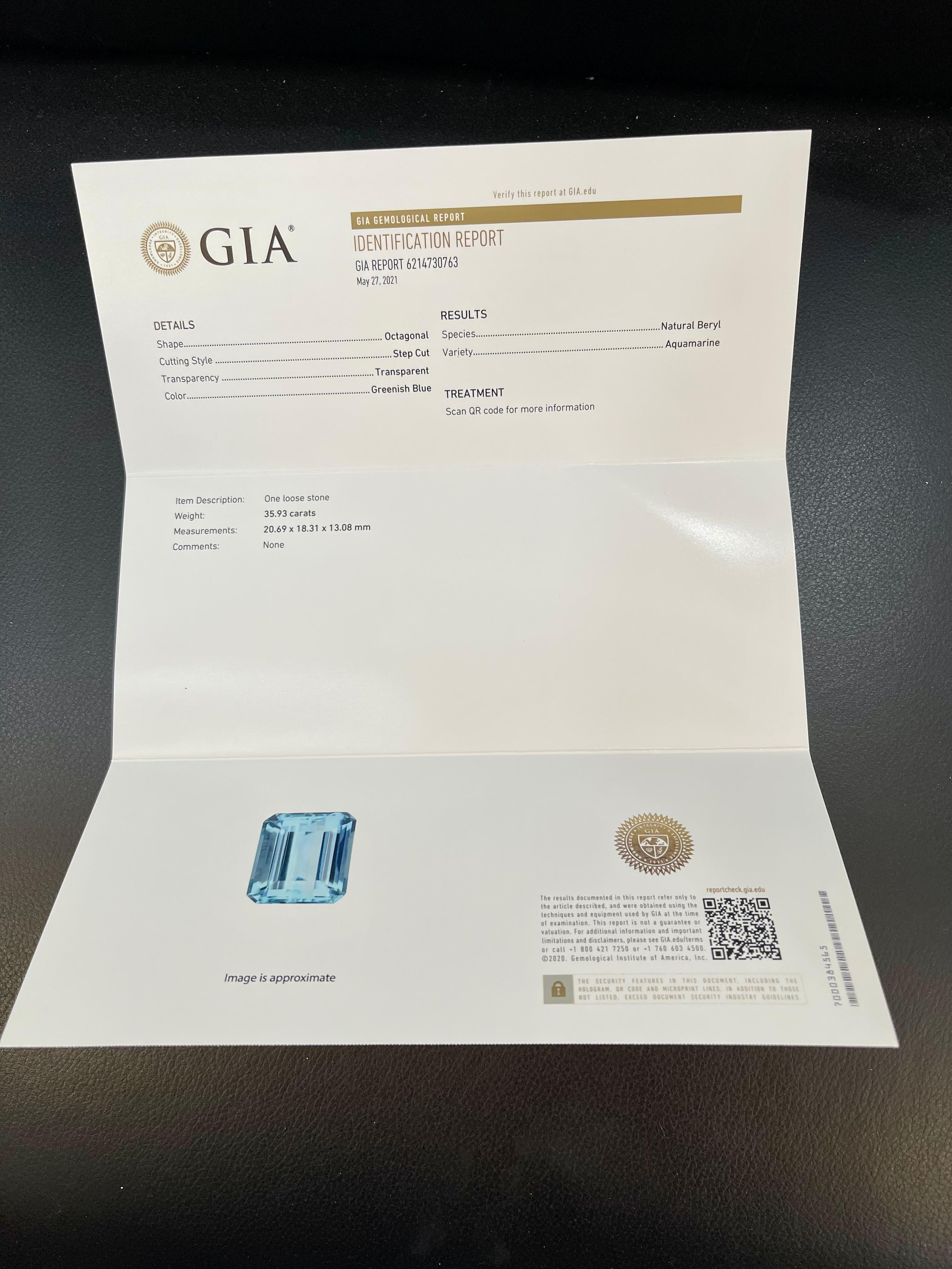 GIA Certified 35.93 Ct  Octagonal Step Cut  Aquamarine Cocktail Ring Platinum  For Sale 10
