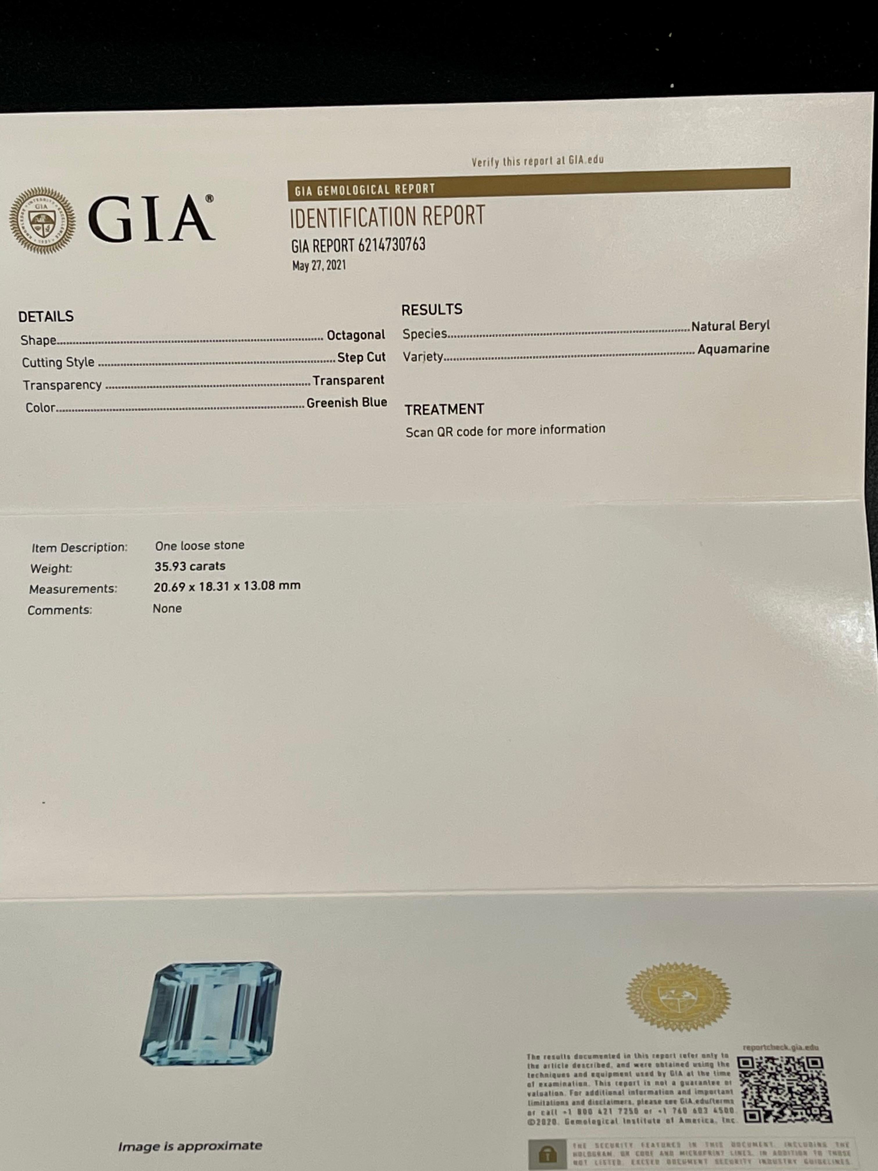 GIA Certified 35.93 Ct  Octagonal Step Cut  Aquamarine Cocktail Ring Platinum  For Sale 11