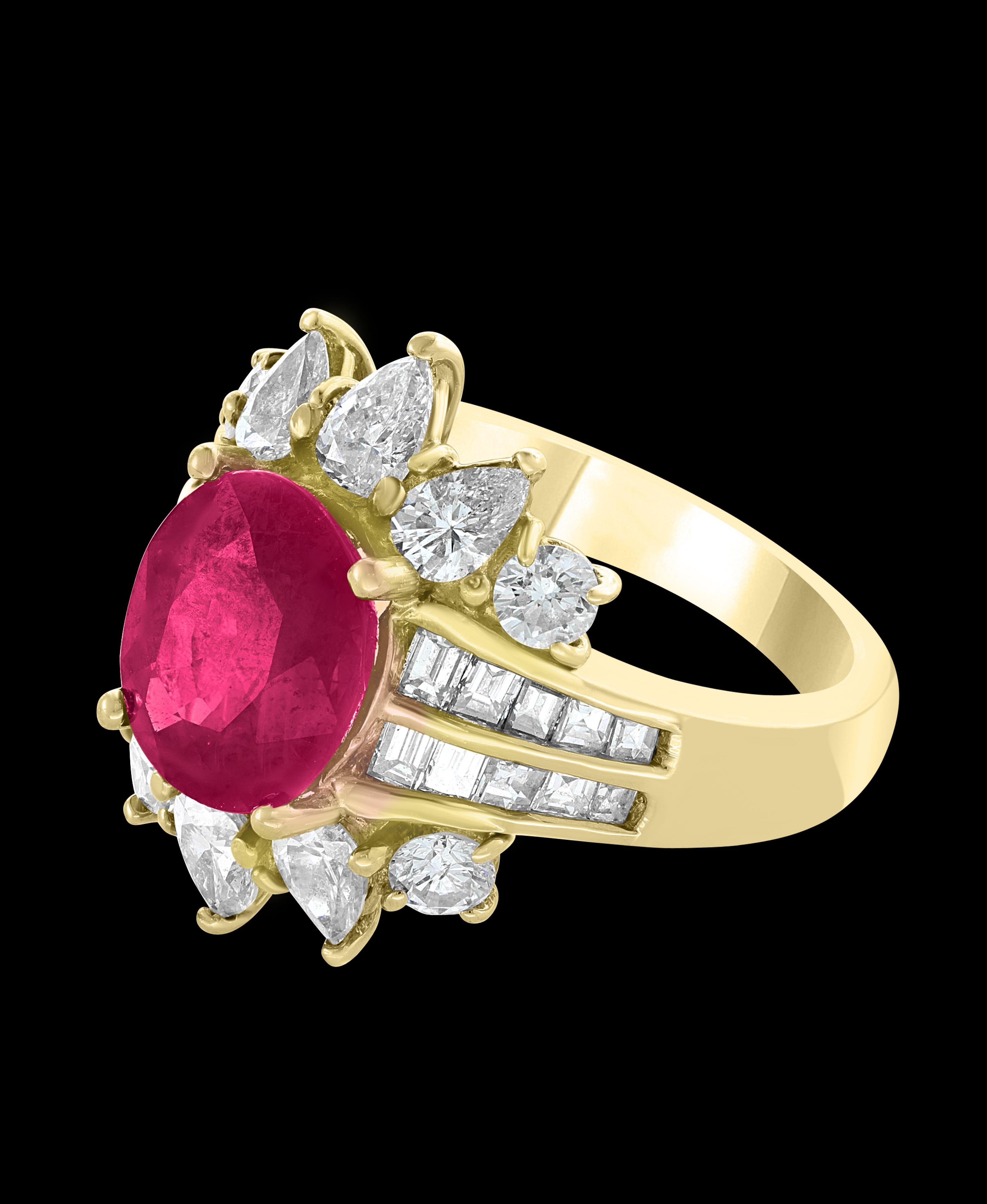 GIA Certified 3.6 Carat Burma Ruby Minor Heat and Diamond 18 Karat Gold Ring For Sale 3