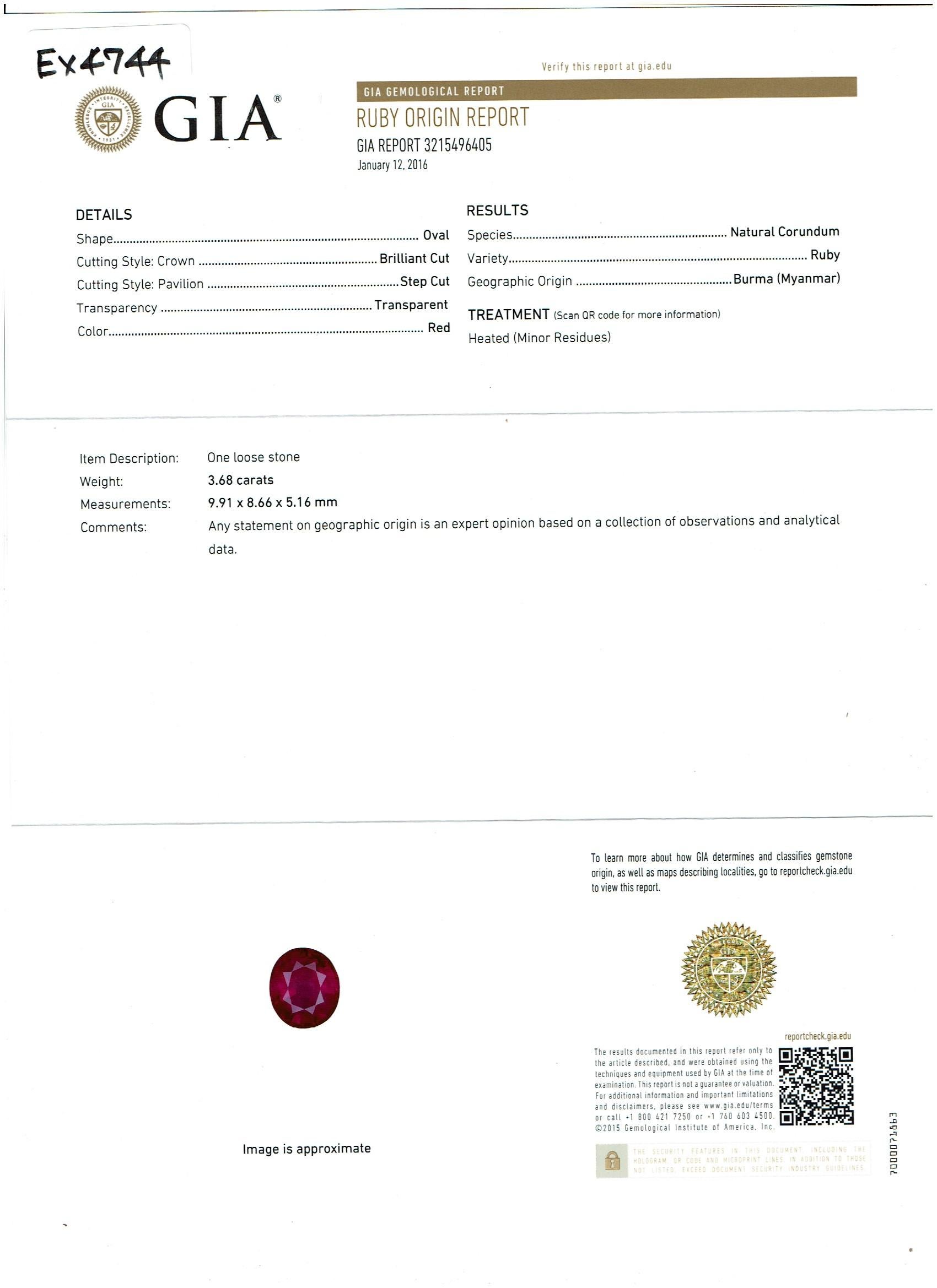 GIA Certified 3.6 Carat Burma Ruby Minor Heat and Diamond 18 Karat Gold Ring For Sale 5