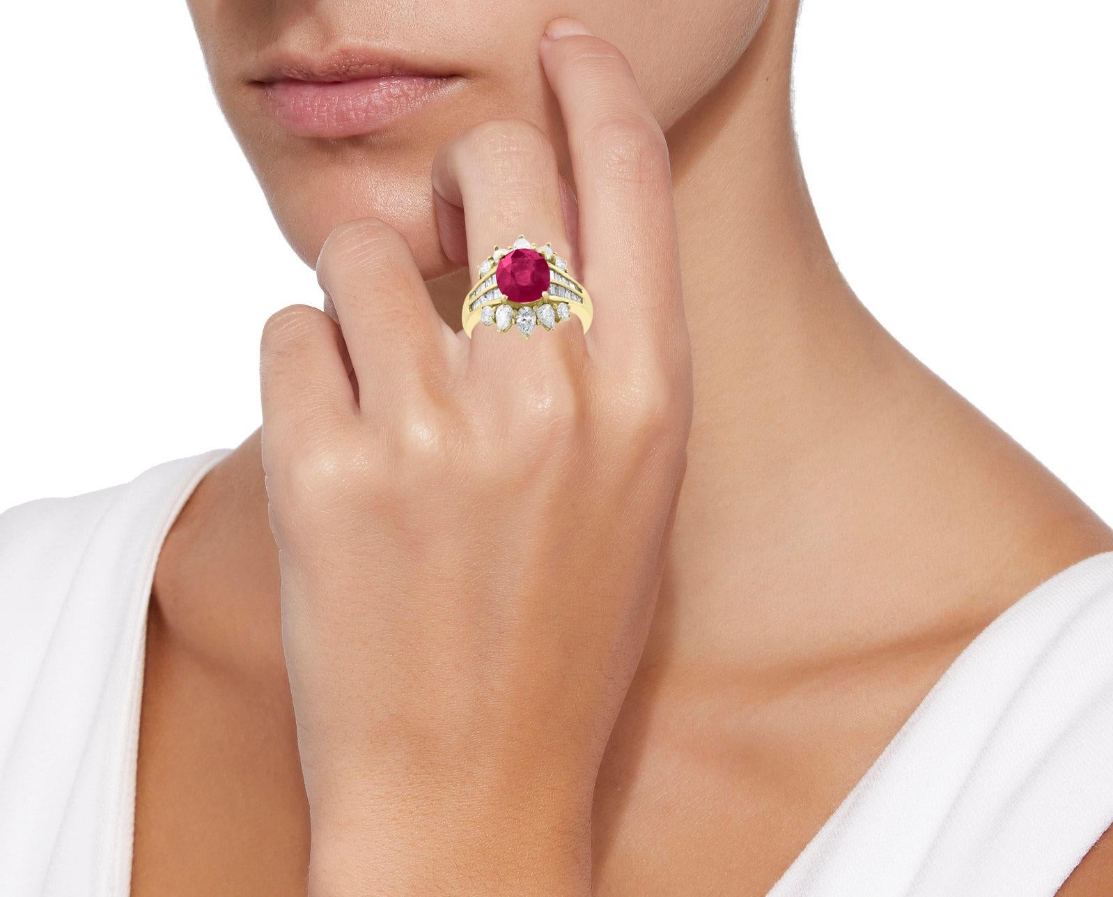 Women's GIA Certified 3.6 Carat Burma Ruby Minor Heat and Diamond 18 Karat Gold Ring For Sale