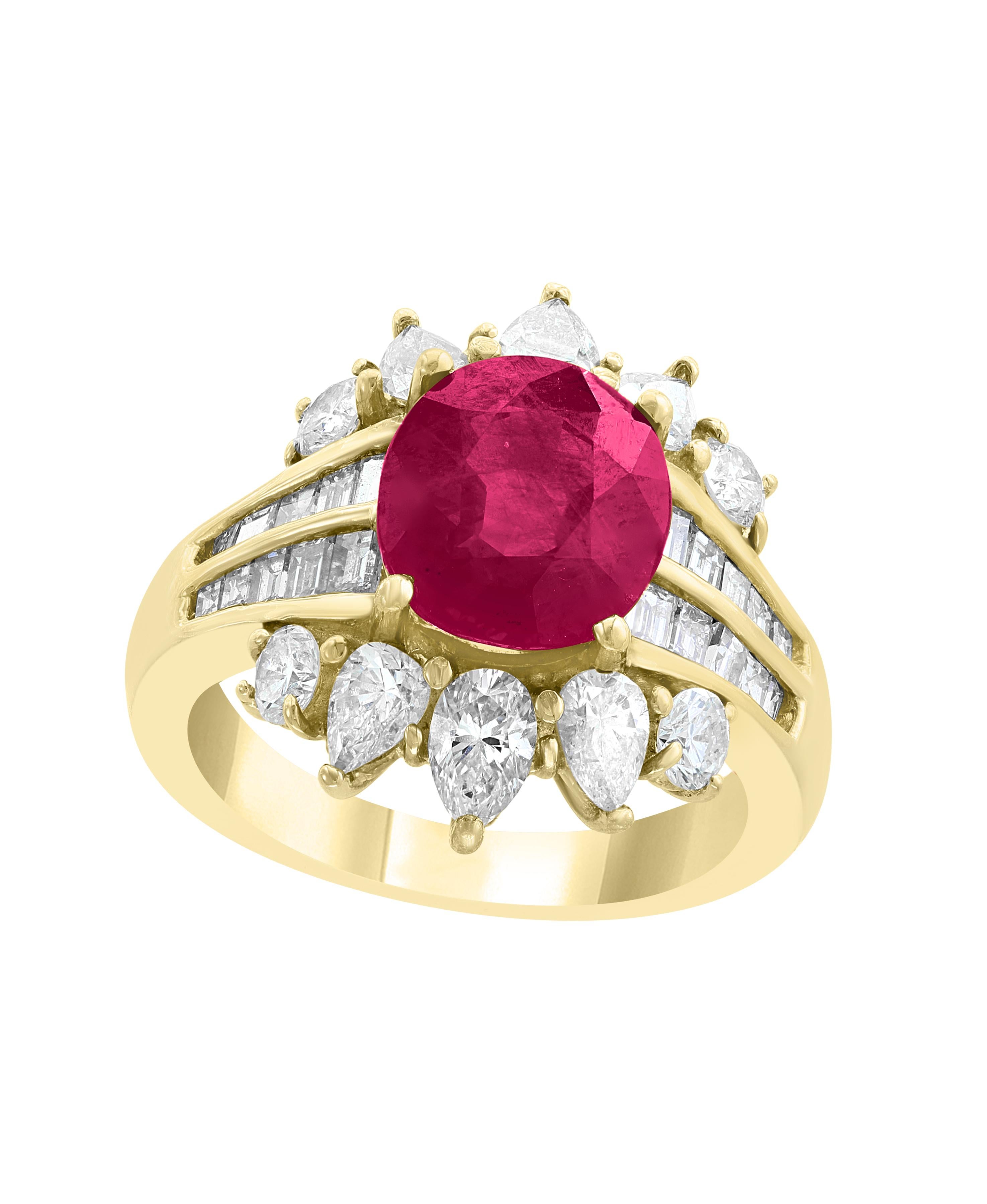 GIA Certified 3.6 Carat Burma Ruby Minor Heat and Diamond 18 Karat Gold Ring For Sale 1