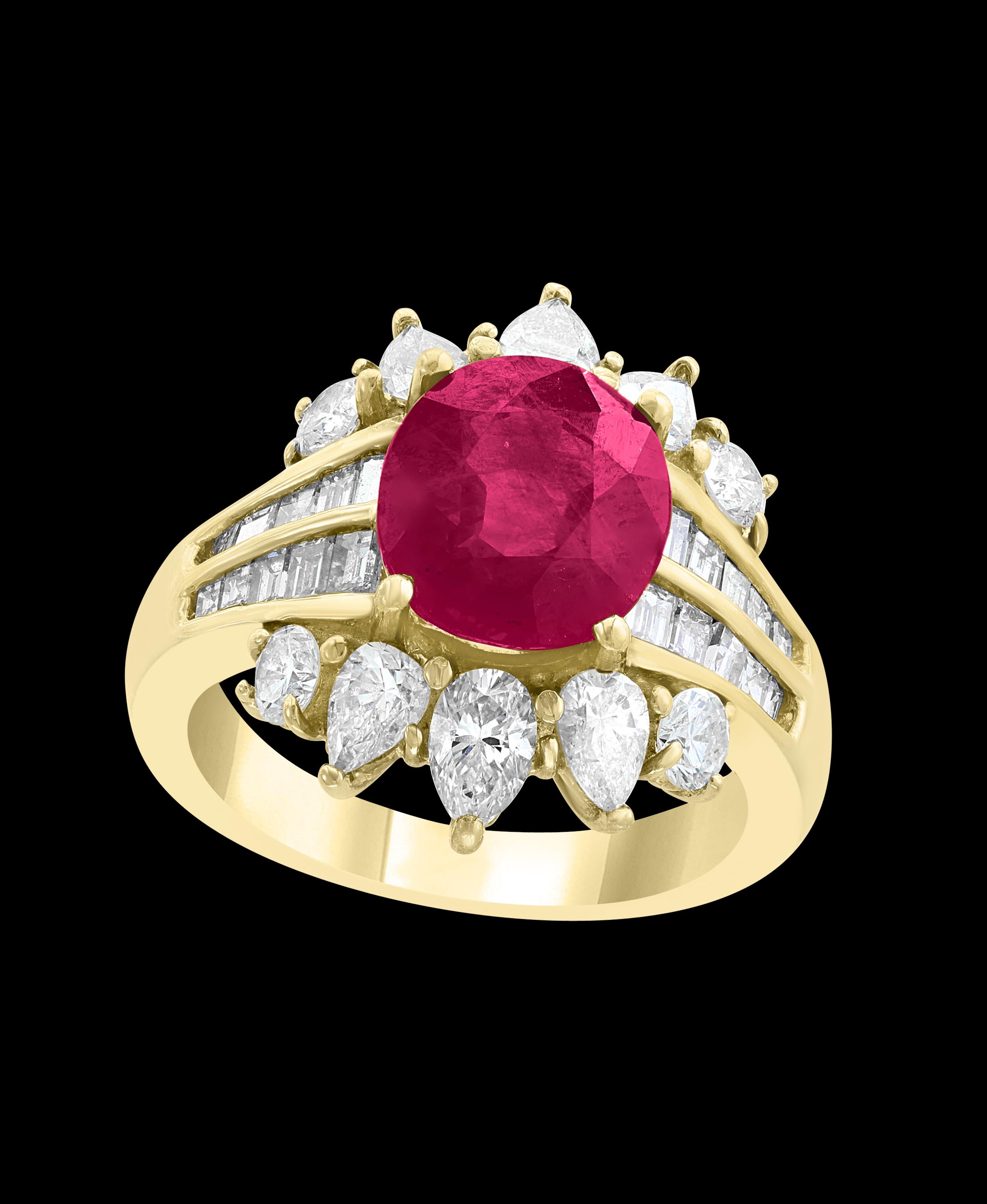 GIA Certified 3.6 Carat Burma Ruby Minor Heat and Diamond 18 Karat Gold Ring For Sale 2
