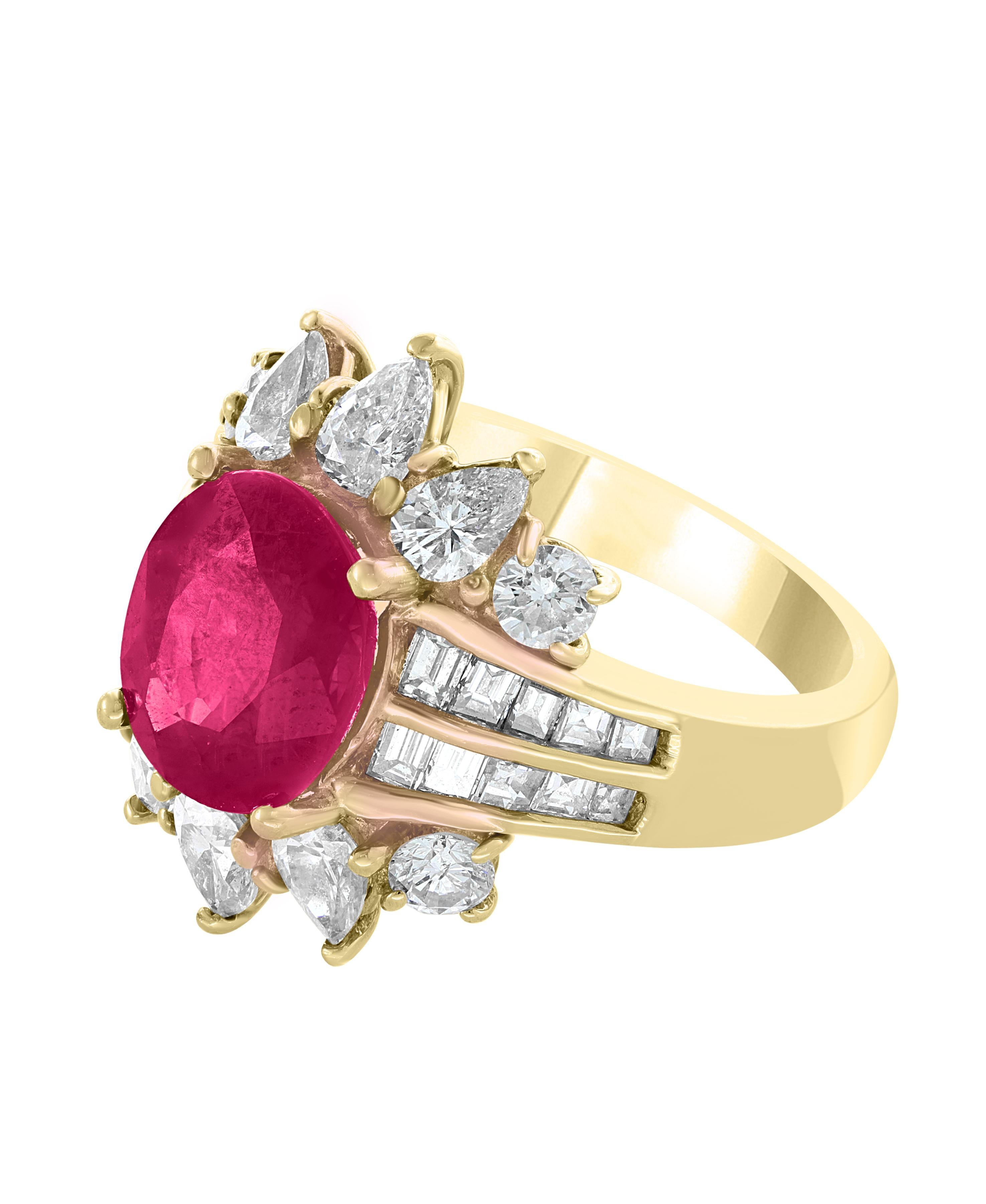 GIA Certified 3.6 Carat Burma Ruby Minor Heat and Diamond 18 Karat Gold Ring For Sale 3