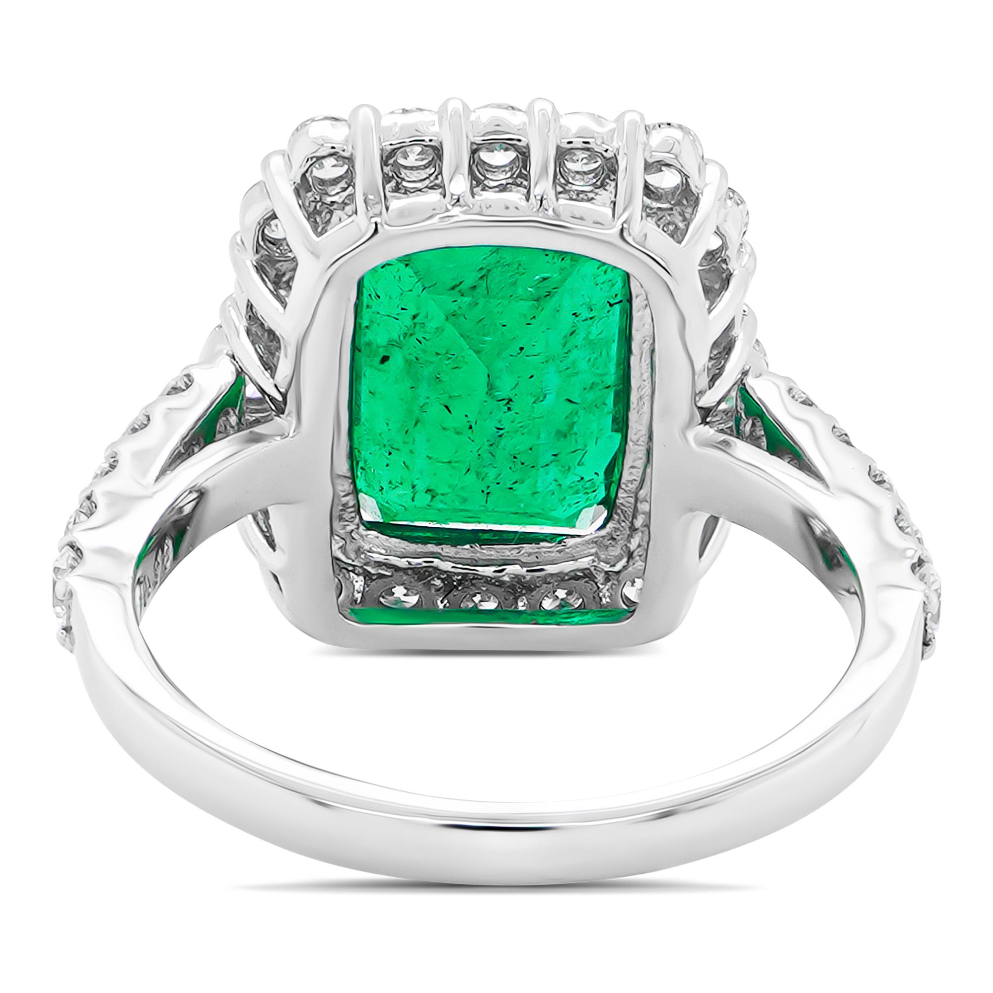 Art Nouveau GIA Certified 3.60 carat Colombian Emerald Soothing Green Engagement Ring For Sale