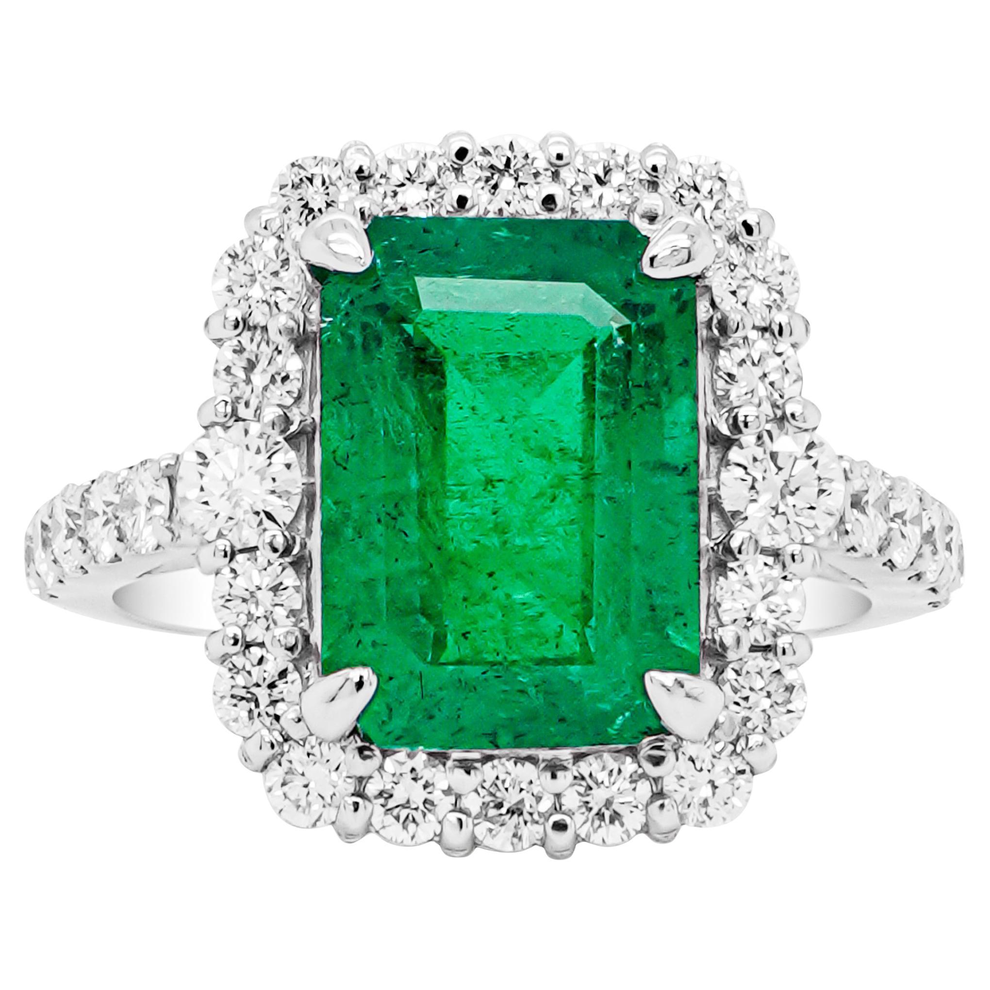 GIA Certified 3.60 carat Colombian Emerald Soothing Green Engagement Ring