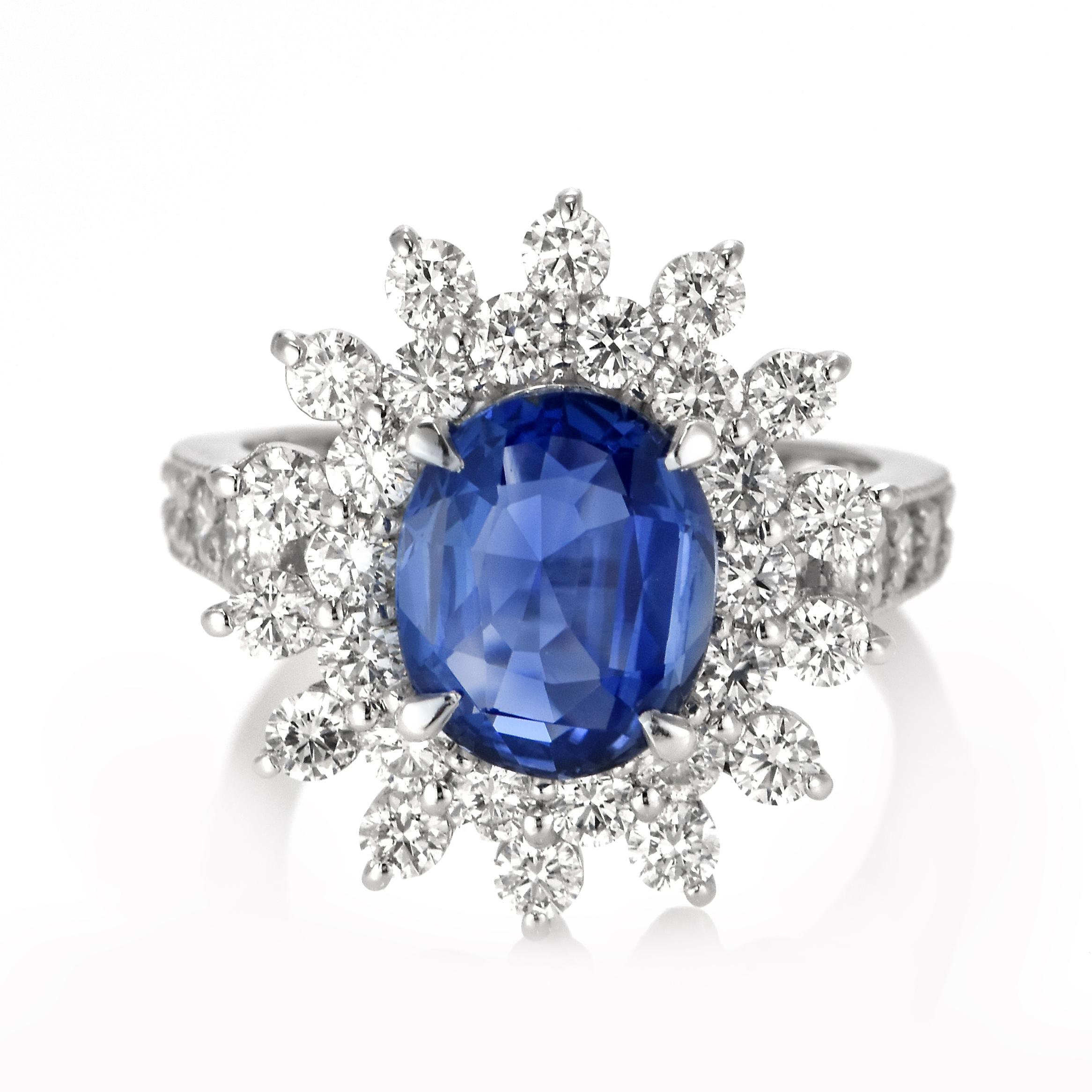 A beautiful ring featuring a GIA Certified 3.61 Carat Natural Unheated, Madagascar Sapphire and 1.70 Carats Diamond Accents set in Platinum. Sapphires have extraordinary durability - they excel in hardness as well as toughness and durability making