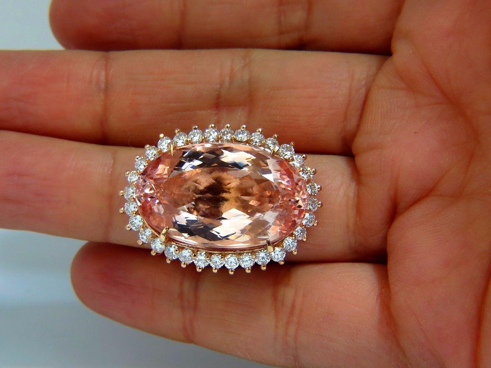 GIA Certified 36.18 Carat Natural Orangey Pink Morganite Diamonds Ring 18 Karat For Sale 3