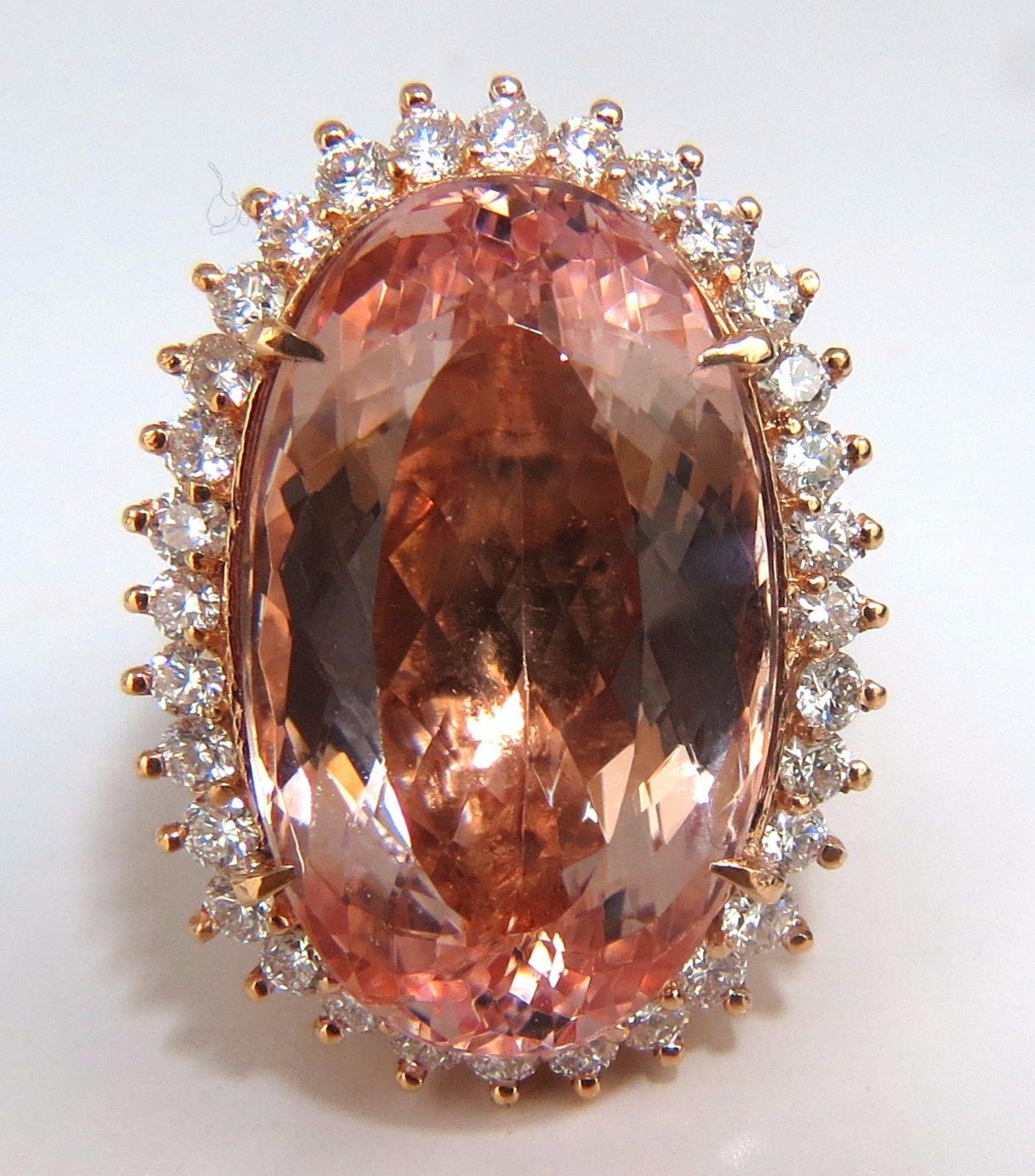 Oval Cut GIA Certified 36.18 Carat Natural Orangey Pink Morganite Diamonds Ring 18 Karat For Sale