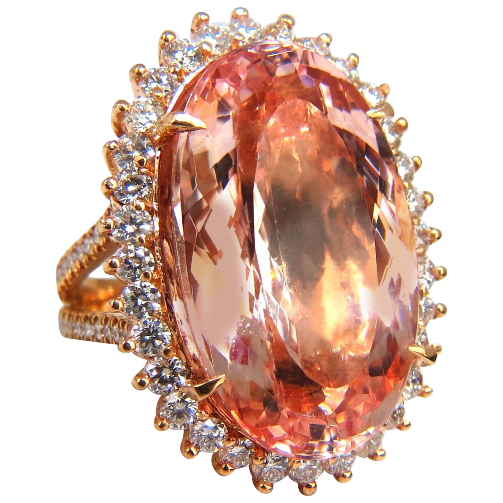 GIA Certified 36.18 Carat Natural Orangey Pink Morganite Diamonds Ring 18 Karat