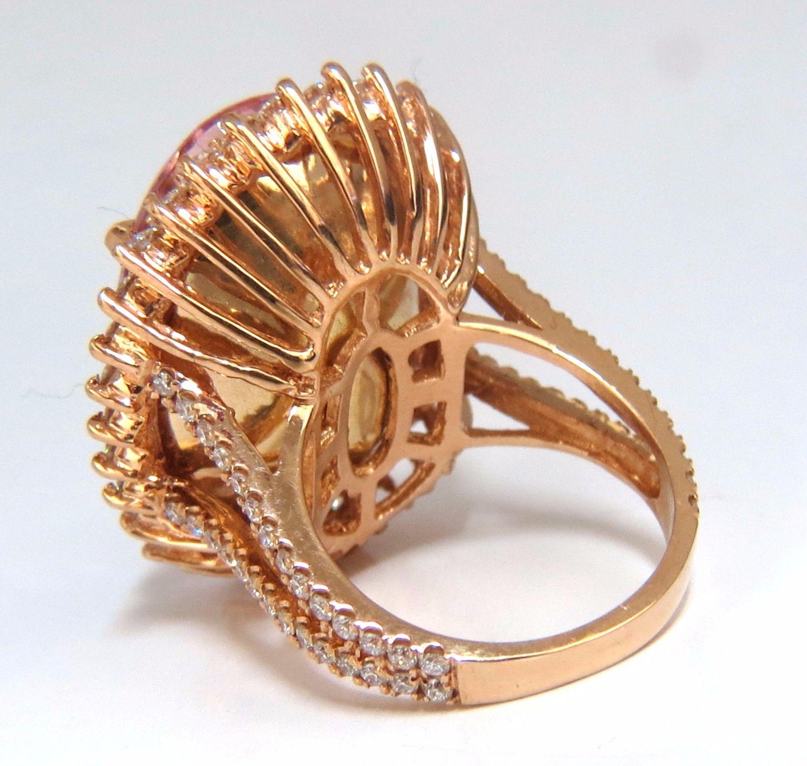 Oval Cut GIA Certified 36.18 Carat Natural Orangy Pink Morganite Diamonds Ring 18 Karat For Sale
