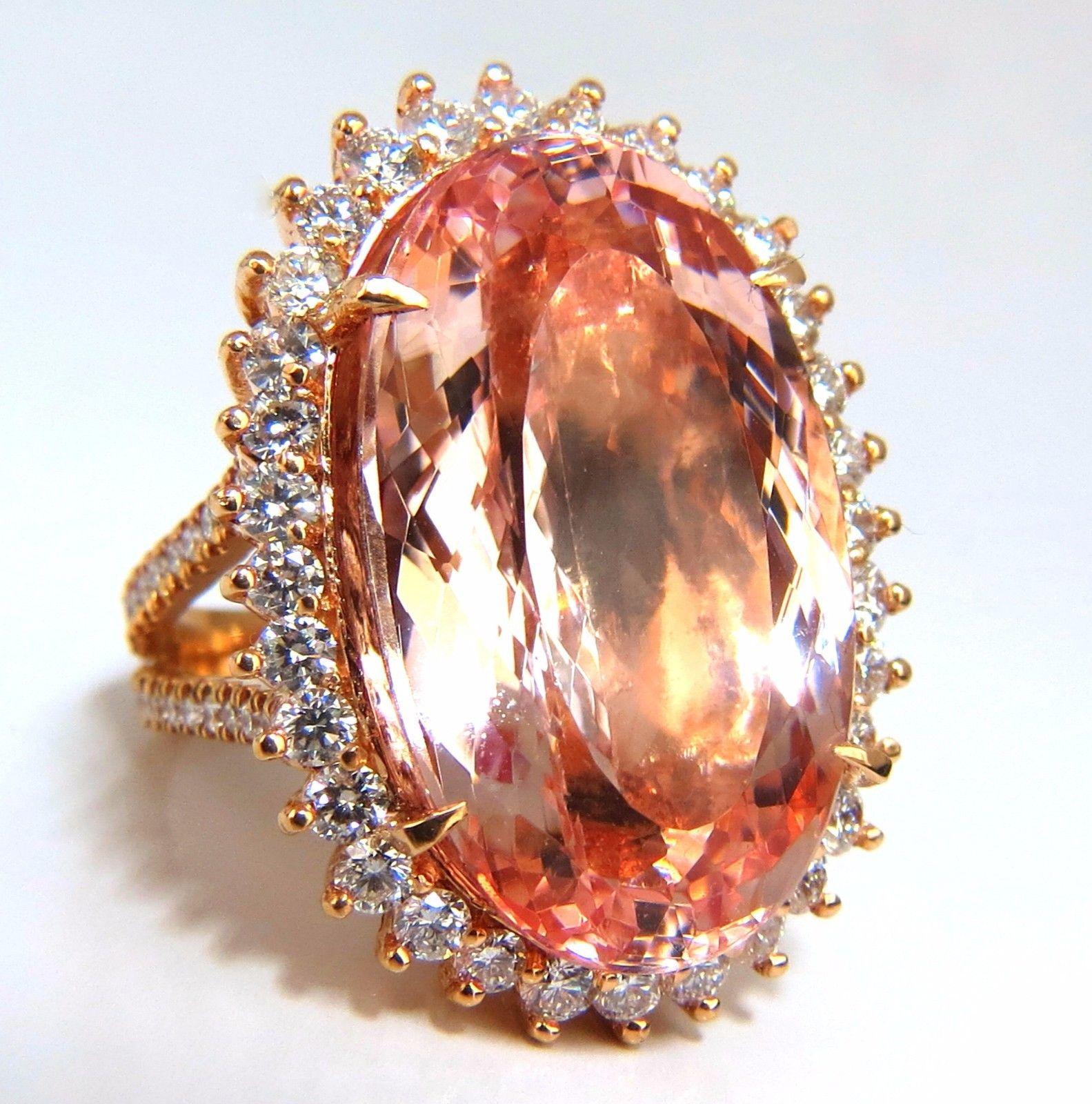 GIA Certified 36.18 Carat Natural Orangy Pink Morganite Diamonds Ring 18 Karat For Sale 1