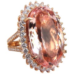 GIA Certified 36.18 Carat Natural Orangy Pink Morganite Diamonds Ring 18 Karat