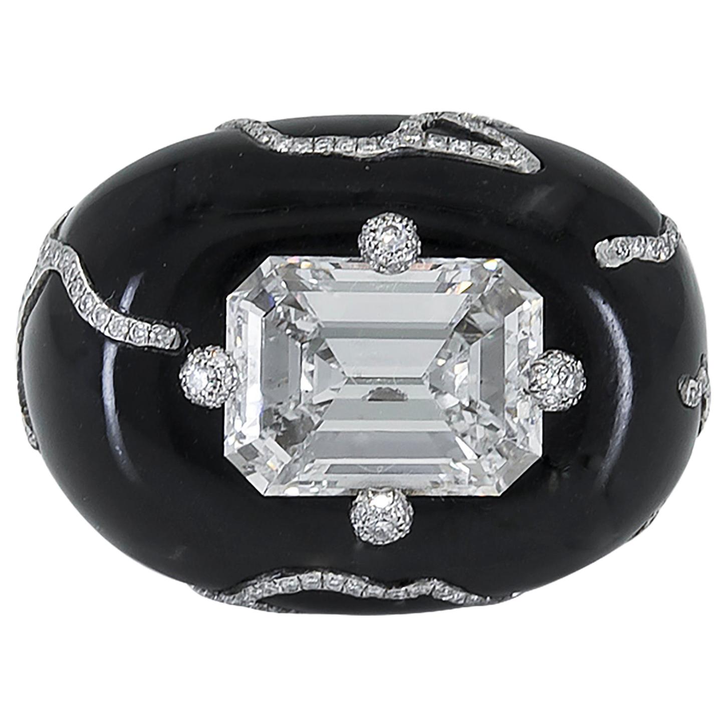 GIA Certified 3.62 Carat Diamond Ring in Gold and Black Enamel