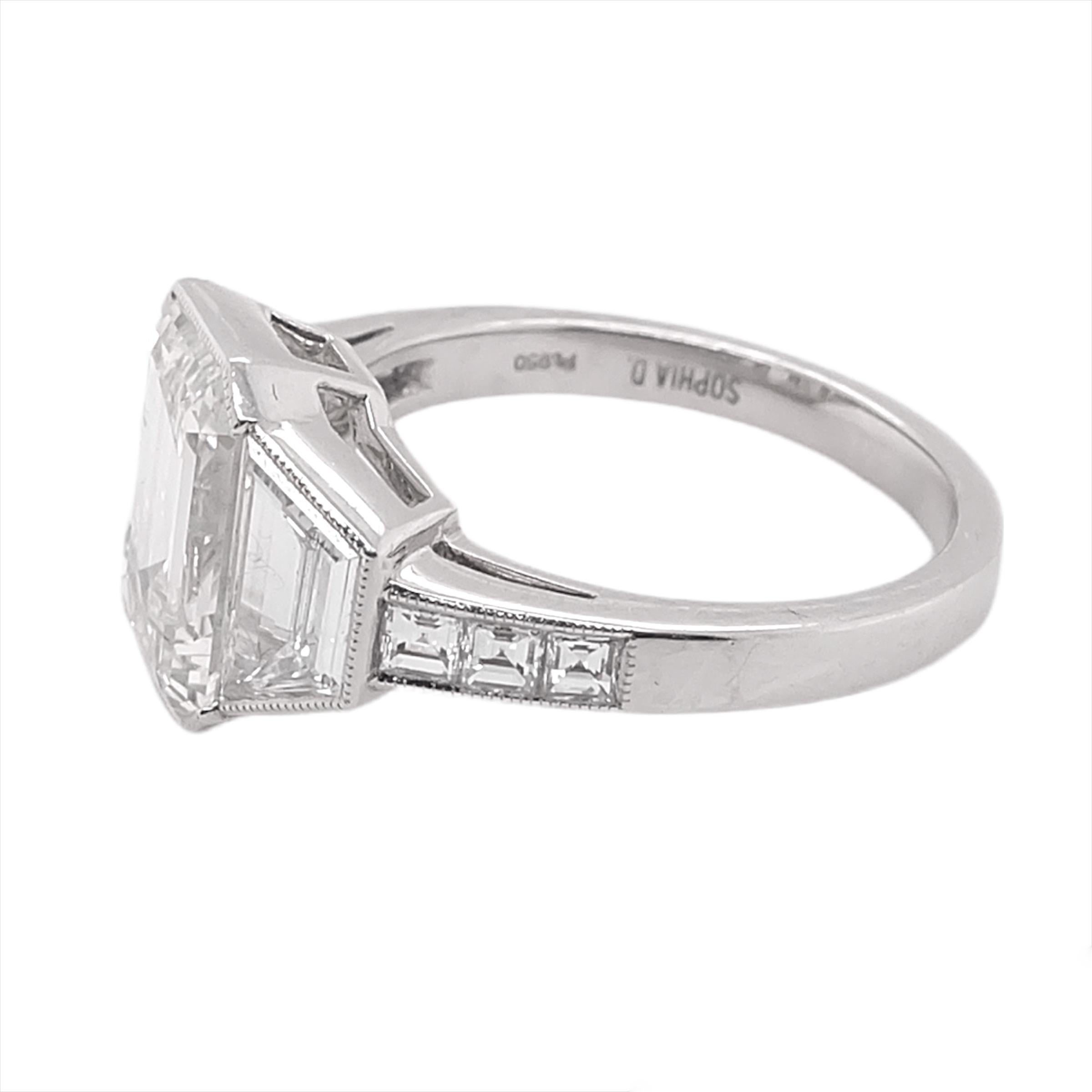 Flawless EGL certified emerald cut diamond ring features a 3.62 carat center stone set that has a color and clarity of K-VVS2 with 0.88 carat of baguette diamonds and 0.30 small diamonds.

Sophia D by Joseph Dardashti LTD has been known worldwide