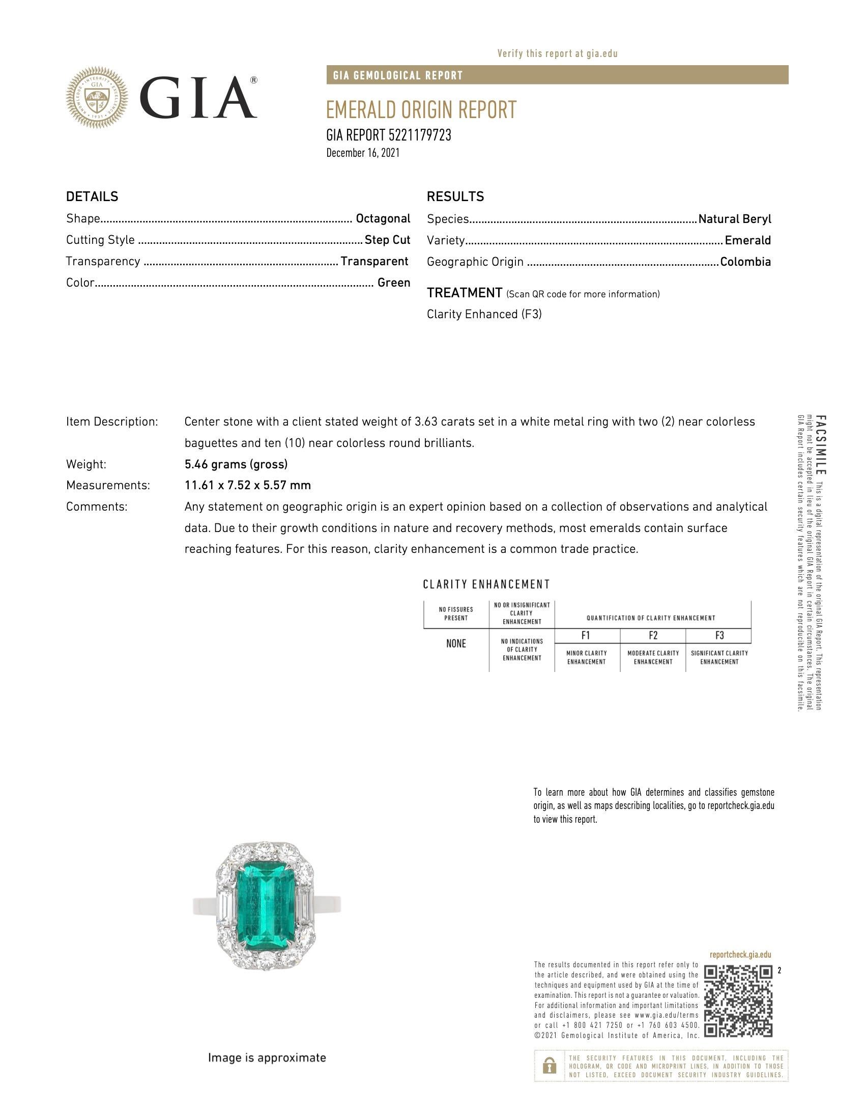 GIA Certified 3.63 Carat Colombian Emerald and Diamond Ring in 18k White Gold 4