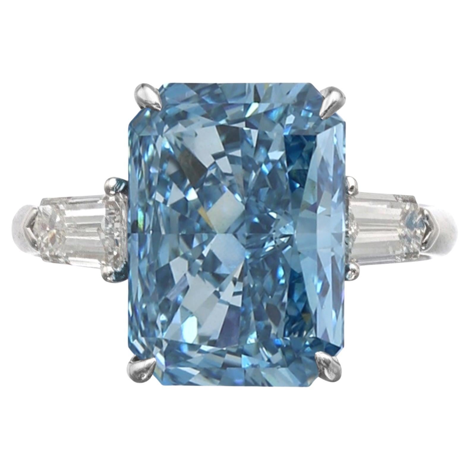 GIA Certified 3.63 Carat Fancy Greenish Blue Radiant Cut Diamond Ring