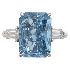 GIA Certified 3.63 Carat Fancy Greenish Blue Radiant Cut Diamond Ring