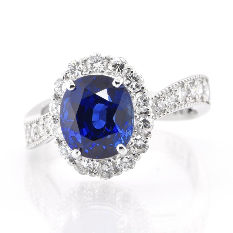 A beautiful Cocktail ring featuring a GIA Certified 3.64 Carat Natural Ceylon, Royal Blue Sapphire and 0.82 Carats Diamond Accents set in Platinum. Sapphires have extraordinary durability - they excel in hardness as well as toughness and durability