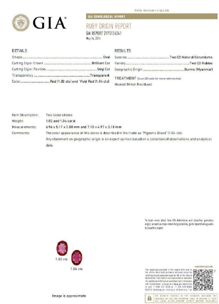 GIA Certified Natural Matching Ruby Cluster earrings.

1.02ct. & 1.04ct. 

6.96 X 5.17 X 2.88 & 7.10 x 4.97 X 3.18mm

Oval Brilliant Cuts

 Origin tested & slight heat 

Prime Red, & Transparent

GIA Certificate: 2175124241



1.58ct. Natural