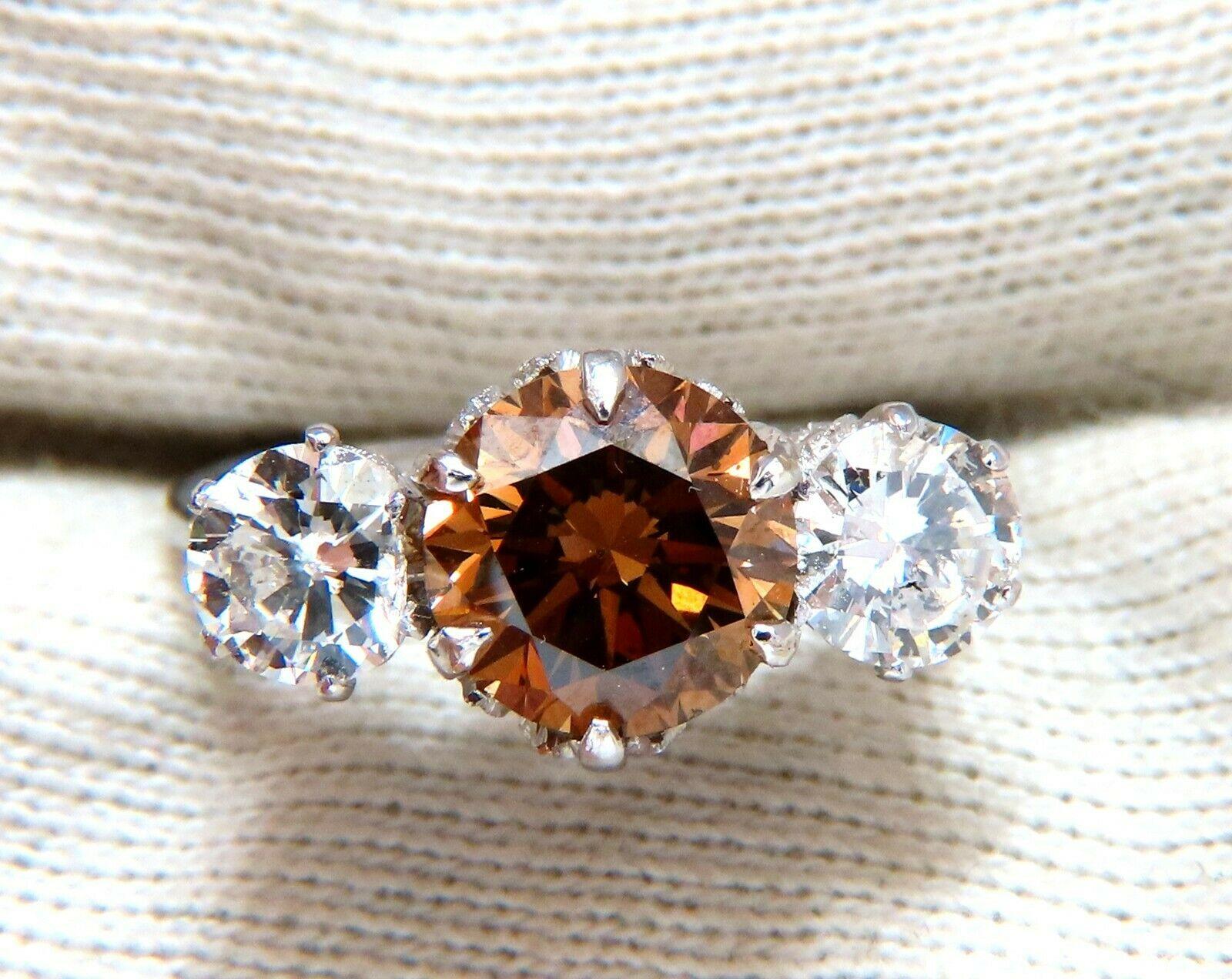 Round Cut GIA Certified 3.64 Carat Fancy Brown Orange Diamond Ring 18 Karat Three-Stone For Sale