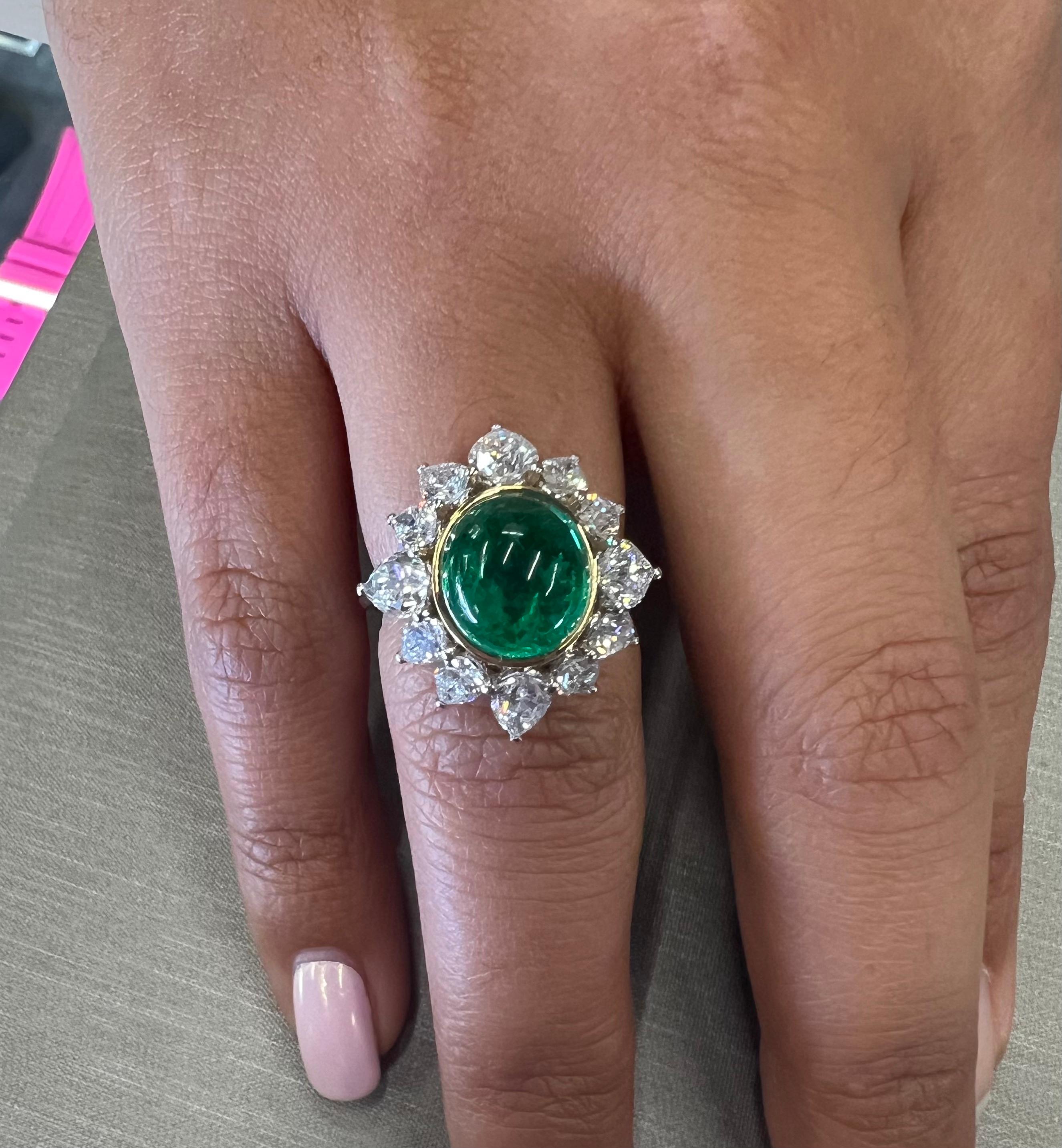 Cabochon GIA Certified 3.65 Carat Colombian Emerald & Diamond Cocktail Ring Platinum  For Sale