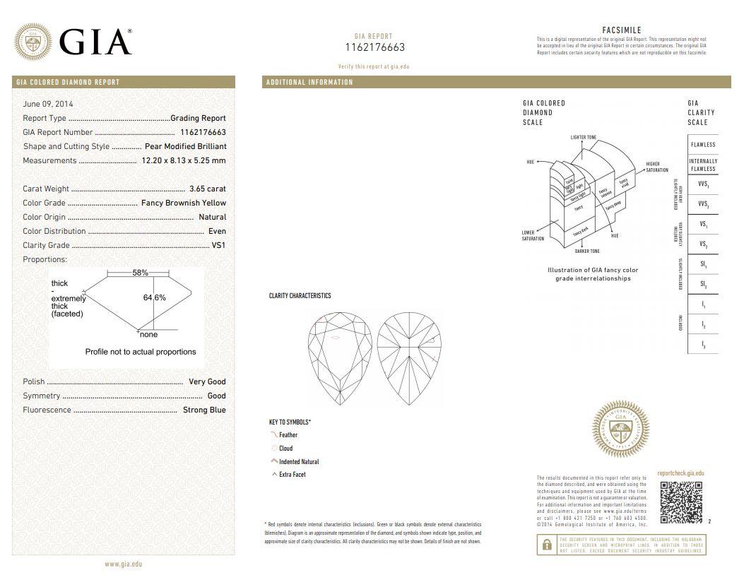 GIA Certified 3.65 Carat Yellow Pear Diamond Pendant For Sale 1