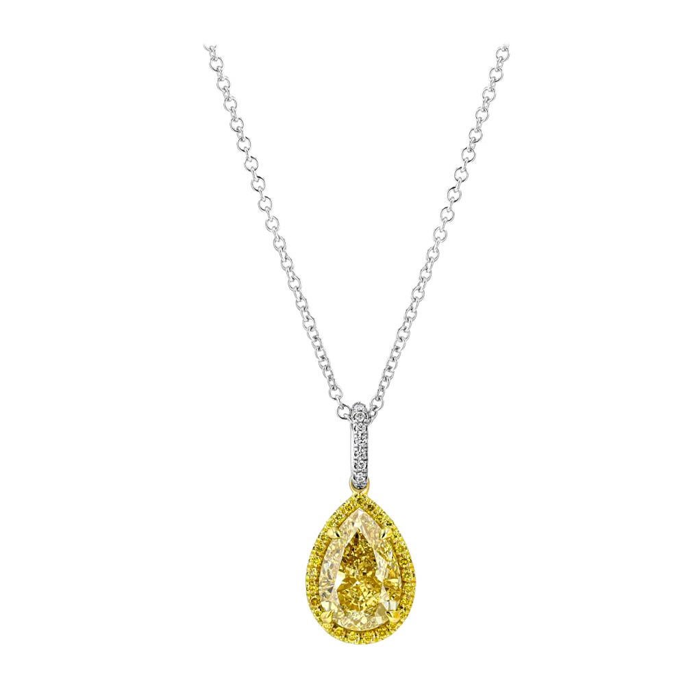 GIA Certified 3.65 Carat Yellow Pear Diamond Pendant For Sale