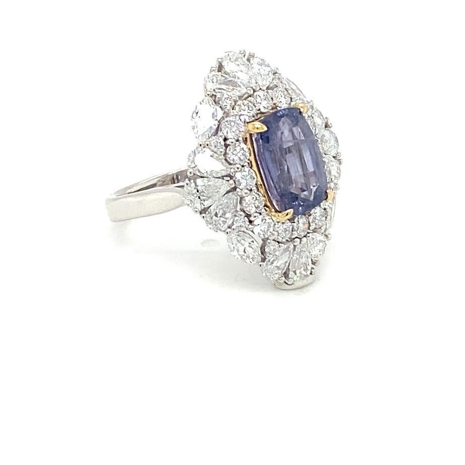 Women's GIA Certified 3.66 Carat Cushion Cut Purple Sapphire Diamond Cocktail Ring For Sale