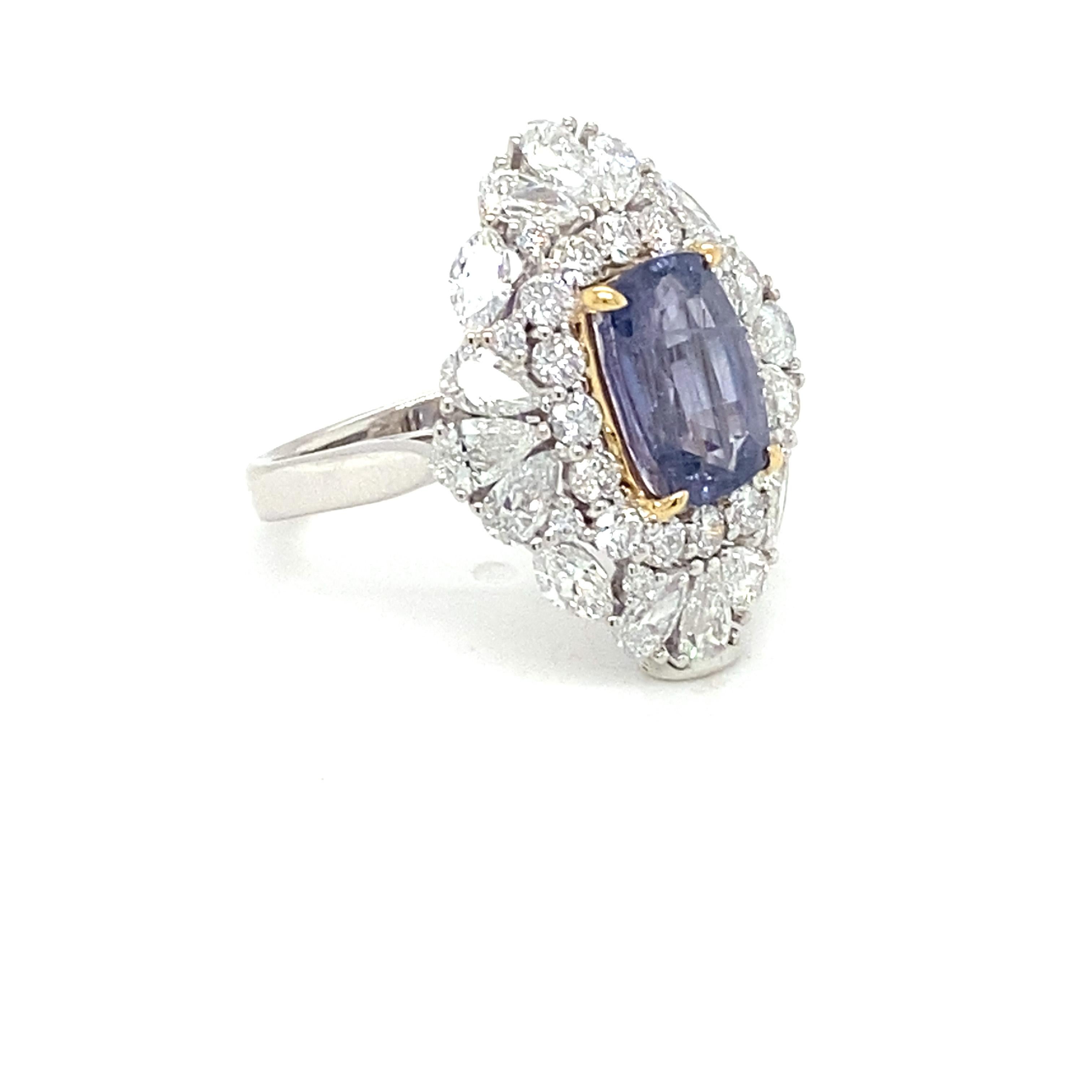 GIA Certified 3.66 Carat Cushion Cut Purple Sapphire Diamond Cocktail Ring For Sale 1