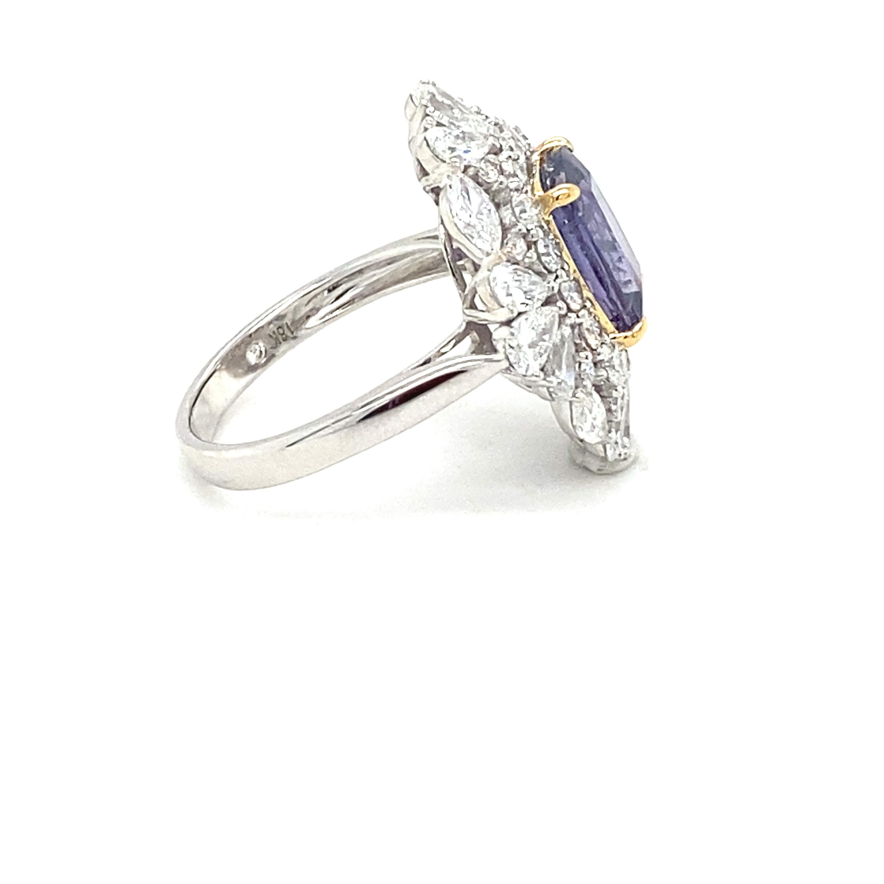 GIA Certified 3.66 Carat Cushion Cut Purple Sapphire Diamond Cocktail Ring For Sale 3