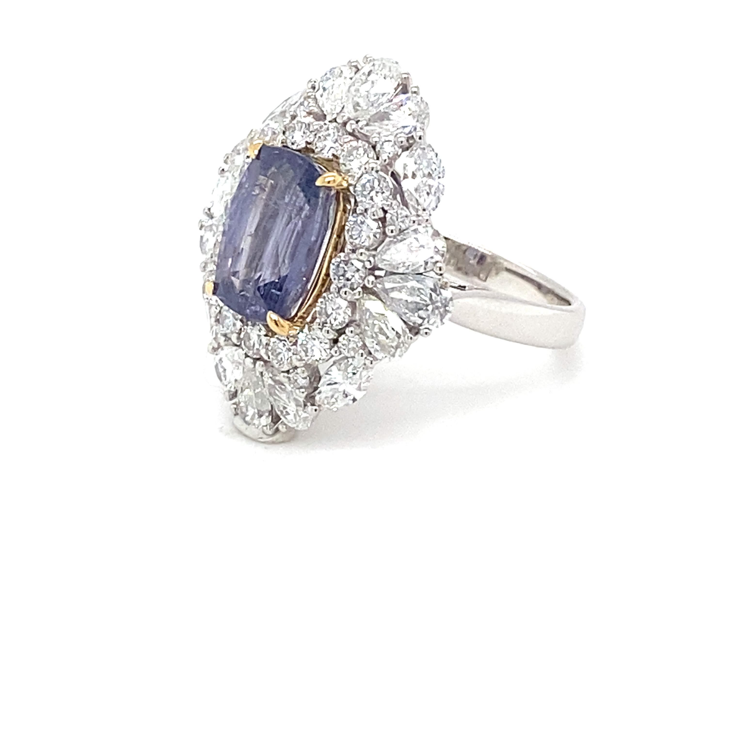 GIA Certified 3.66 Carat Cushion Cut Purple Sapphire Diamond Cocktail Ring For Sale 8