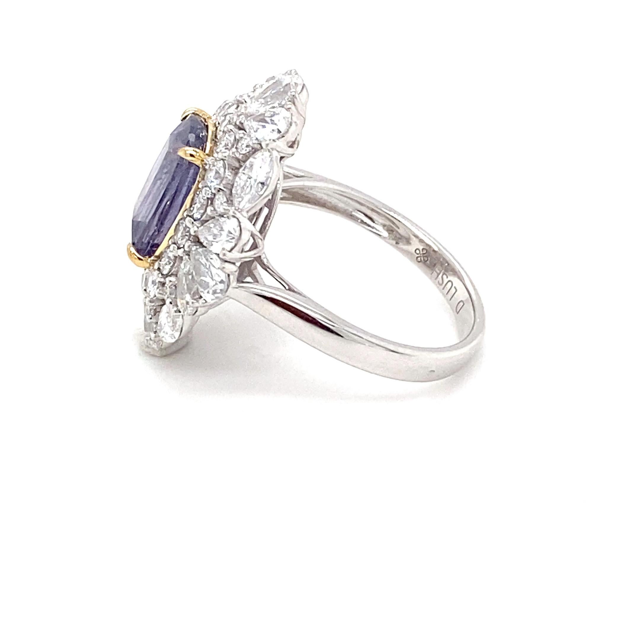 GIA Certified 3.66 Carat Cushion Cut Purple Sapphire Diamond Cocktail Ring For Sale 6