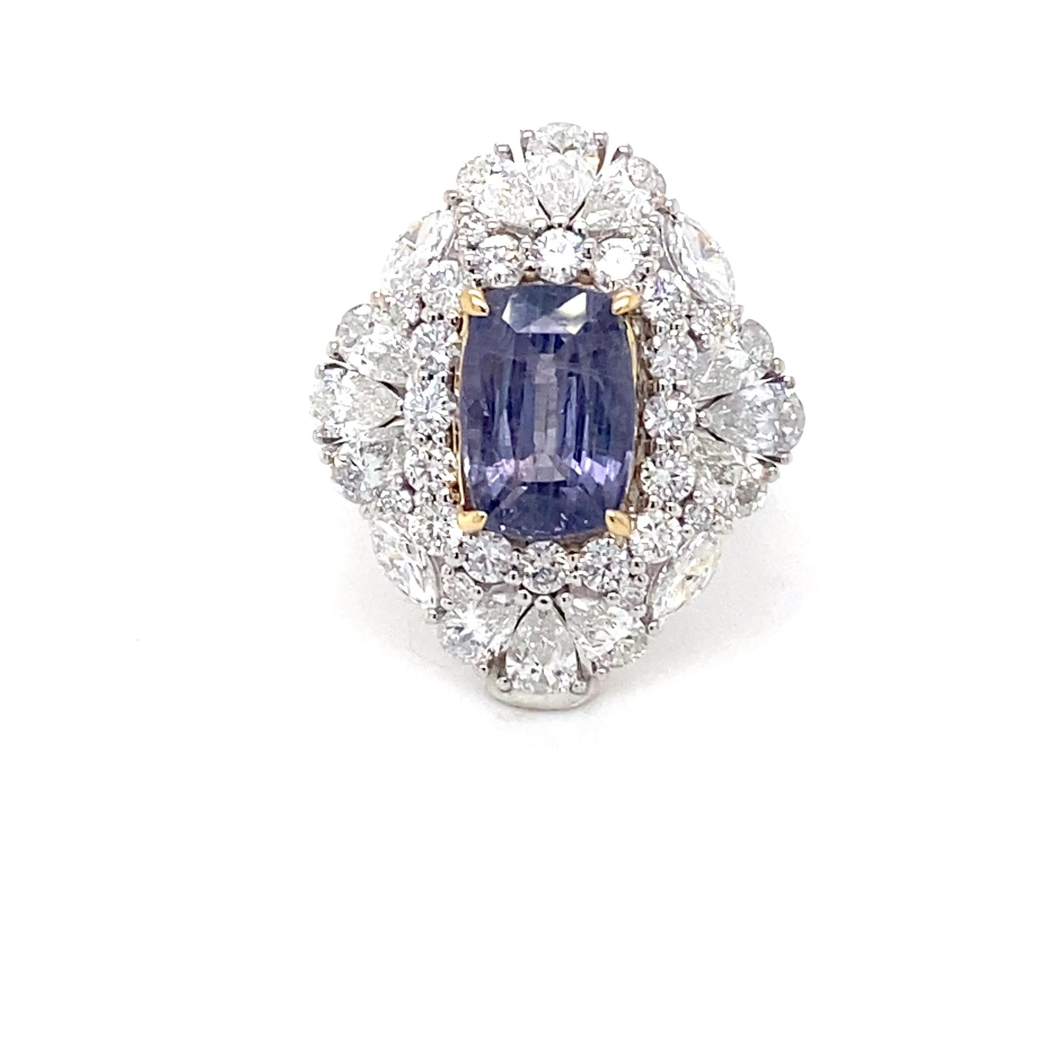 GIA Certified 3.66 Carat Cushion Cut Purple Sapphire Diamond Cocktail Ring For Sale 9