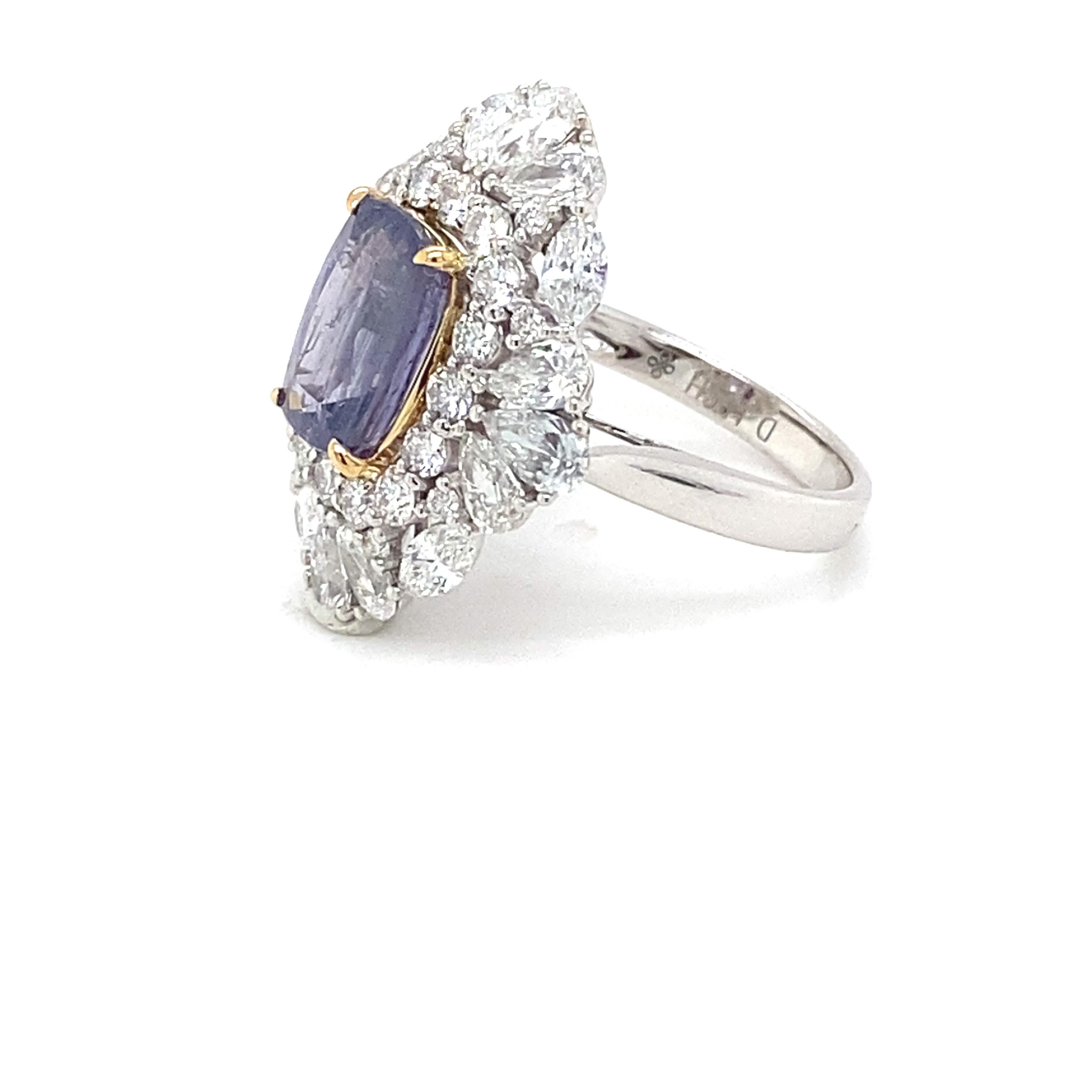 GIA Certified 3.66 Carat Cushion Cut Purple Sapphire Diamond Cocktail Ring For Sale 11
