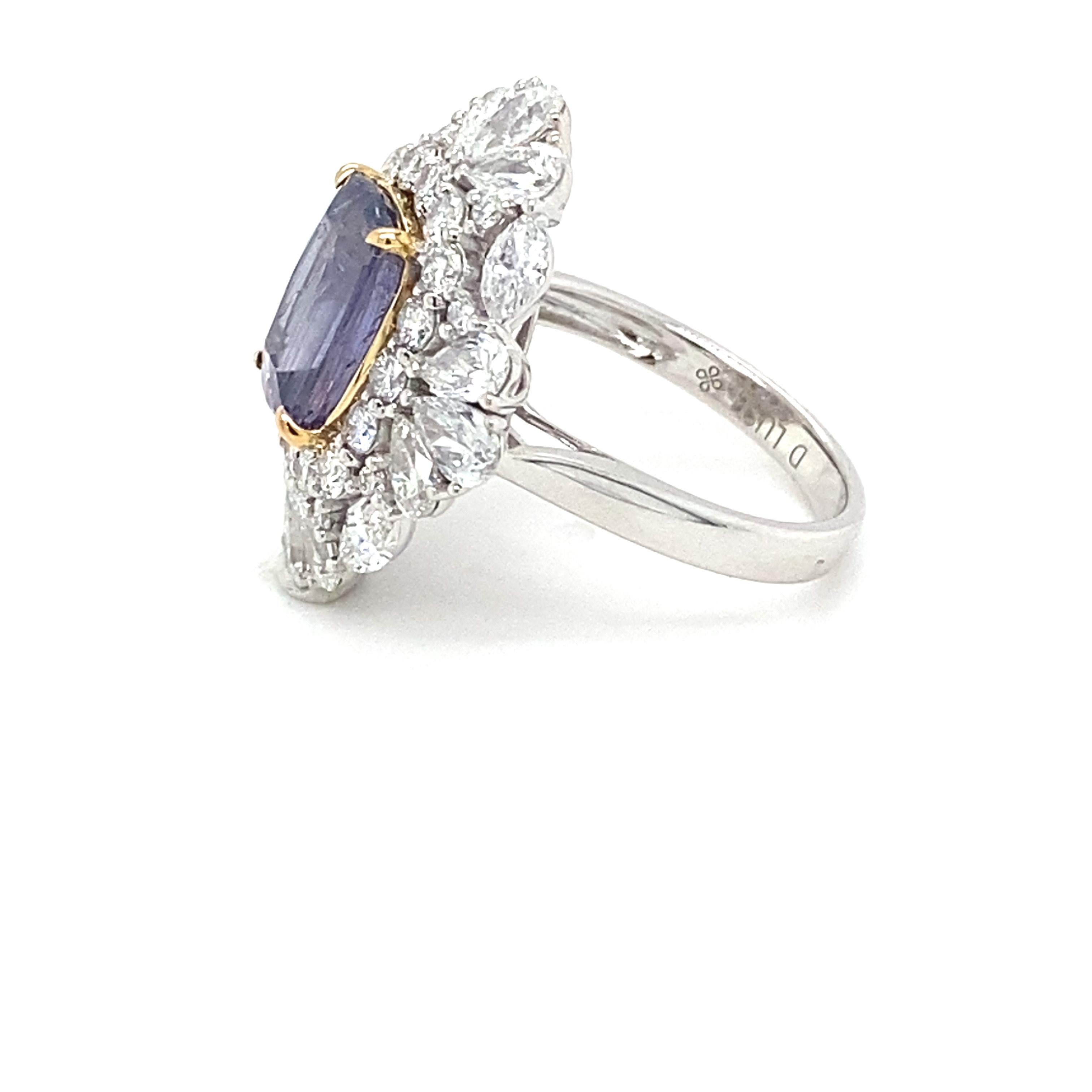 GIA Certified 3.66 Carat Cushion Cut Purple Sapphire Diamond Cocktail Ring For Sale 7