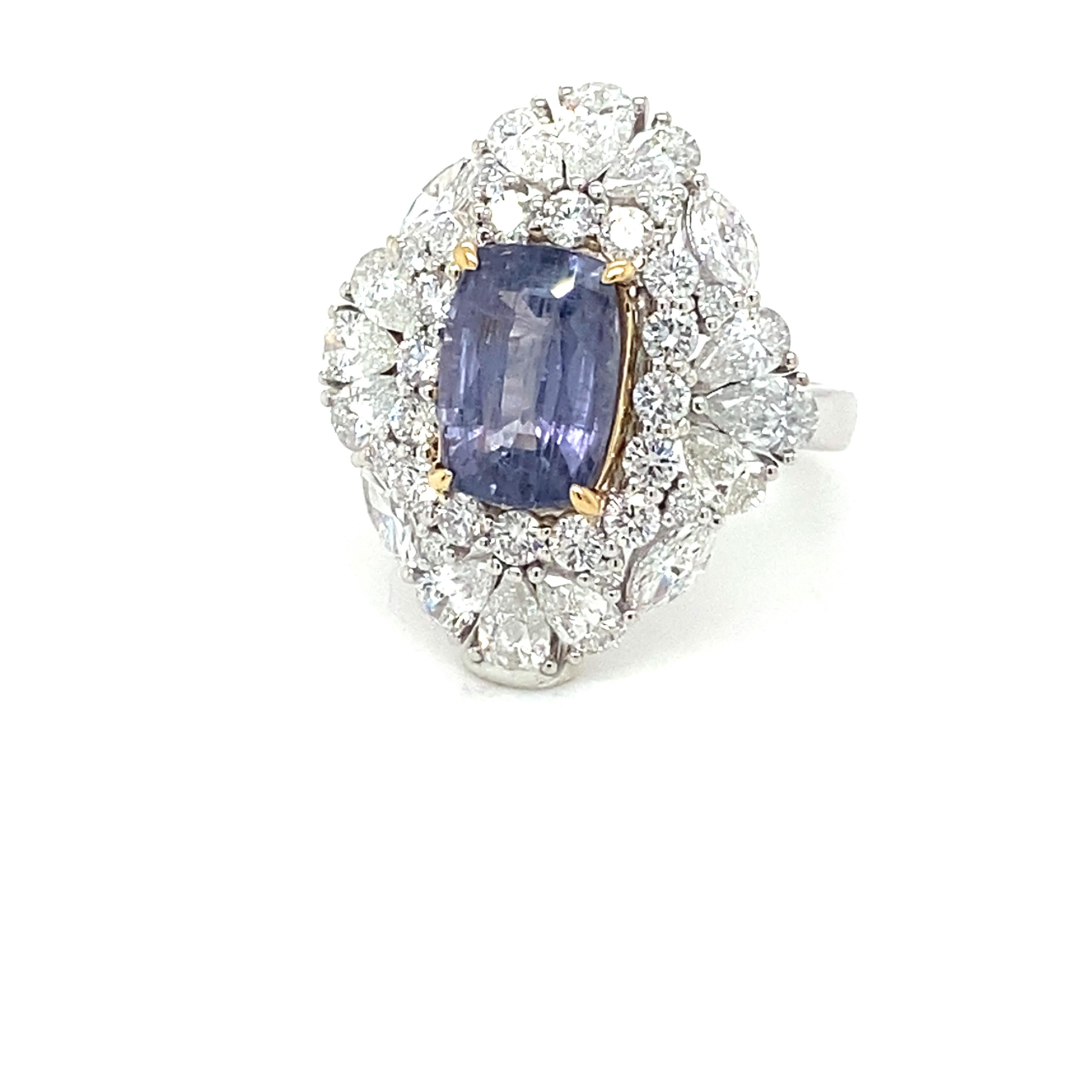 GIA Certified 3.66 Carat Cushion Cut Purple Sapphire Diamond Cocktail Ring For Sale 12