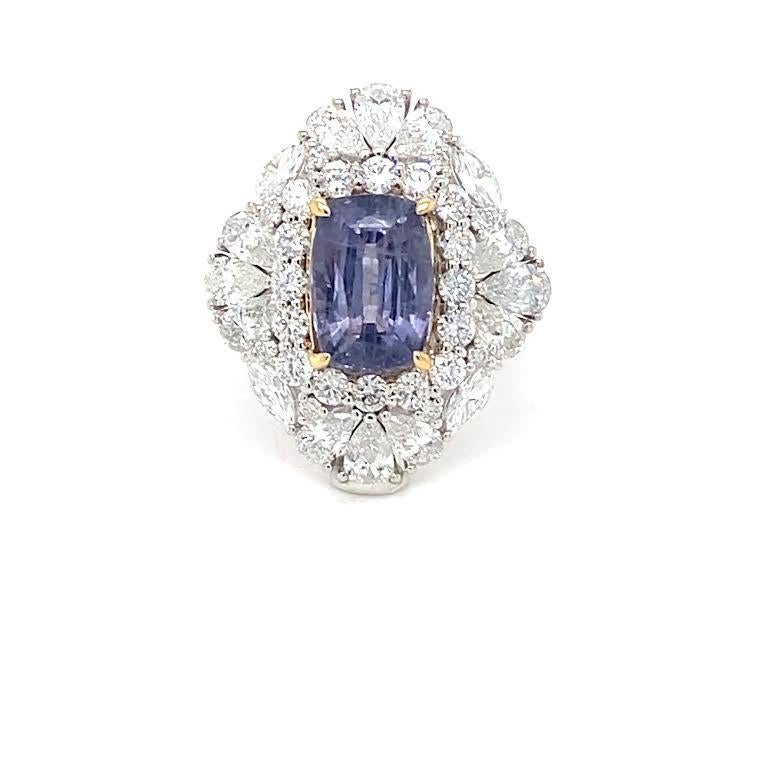Artisan GIA Certified 3.66 Carat Cushion Cut Purple Sapphire Diamond Cocktail Ring For Sale