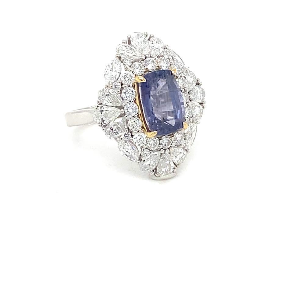 GIA Certified 3.66 Carat Cushion Cut Purple Sapphire Diamond Cocktail Ring In New Condition For Sale In Trumbull, CT