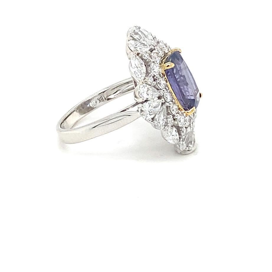 GIA Certified 3.66 Carat Cushion Cut Purple Sapphire Diamond Cocktail Ring For Sale 2
