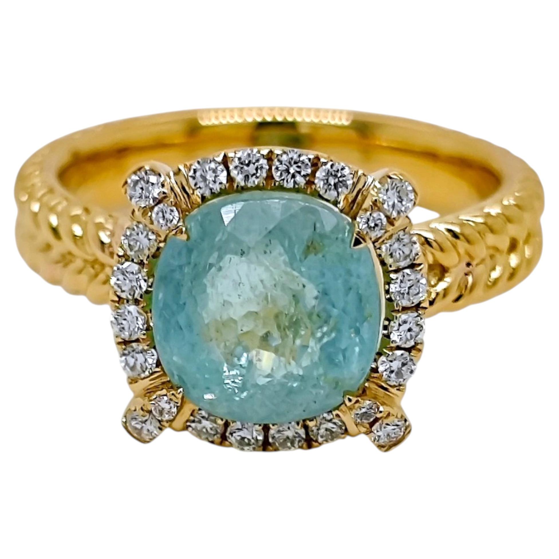 Bague en or jaune certifiée GIA 3.67 carats Tourmaline Paraiba diamant rond