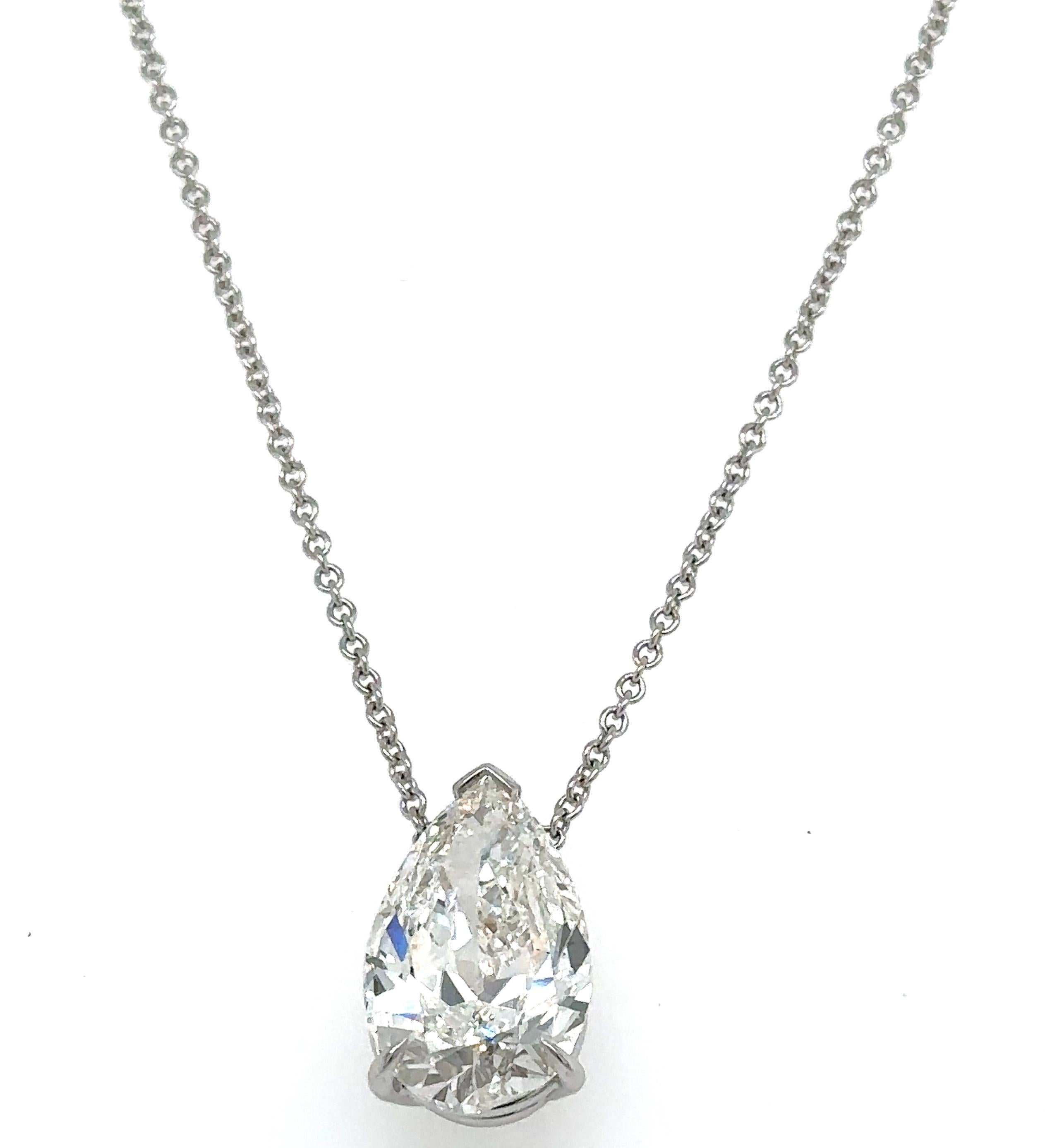 Adorn yourself with refinement and rarity by wearing this GIA Certified 3.68Carat Diamond Pear-shape Solitaire Pendant Necklace. Expertly cut and polished to emit an illuminating sparkle, this luxurious necklace is a symbol of prestige. Let its