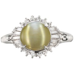 GIA Certified 3.69 Carat Chrysoberyl Cats Eye Diamond Halo Platinum Ring