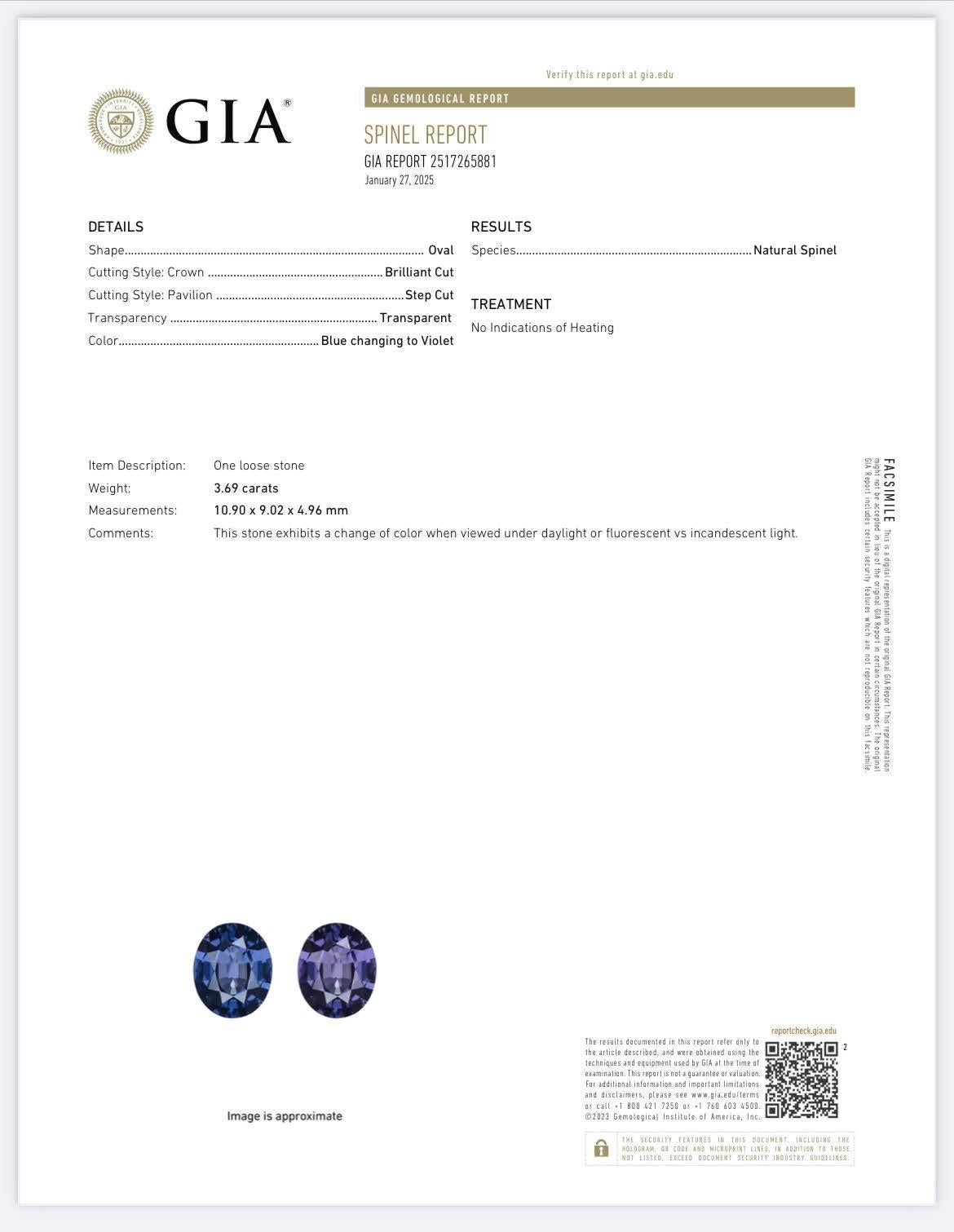 Gewicht 3,69 Karat
Abmessungen 10,90 x 9,02 x 4,96 mm
Behandlung keine 
Herkunft Tansania 
Klarheit Auge sauber 
Form oval 
Brillantschliff 



Dieser atemberaubende natürliche Spinell von 3,69 Karat ist ein seltener und sehr gefragter Edelstein,