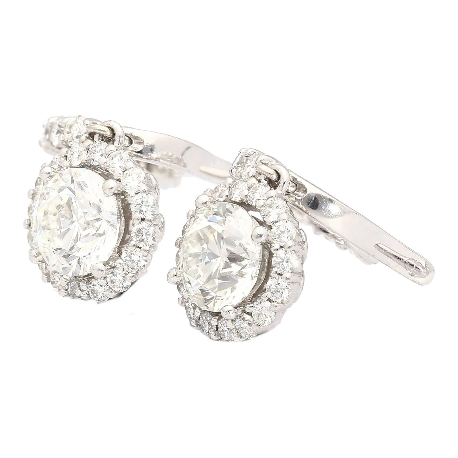 Modern GIA Certified 3.7 Carat TW Natural Diamond Dangle-Drop Earrings & Halo in 18kw For Sale