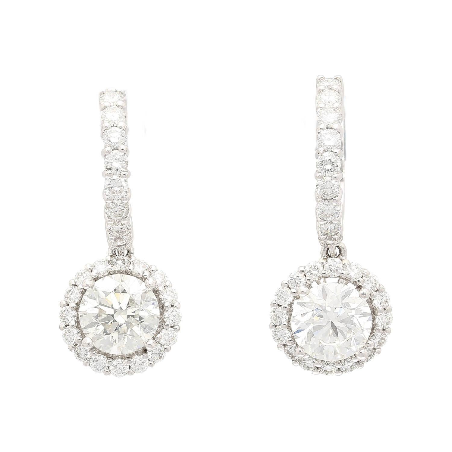 Women's GIA Certified 3.7 Carat TW Natural Diamond Dangle-Drop Earrings & Halo in 18kw For Sale