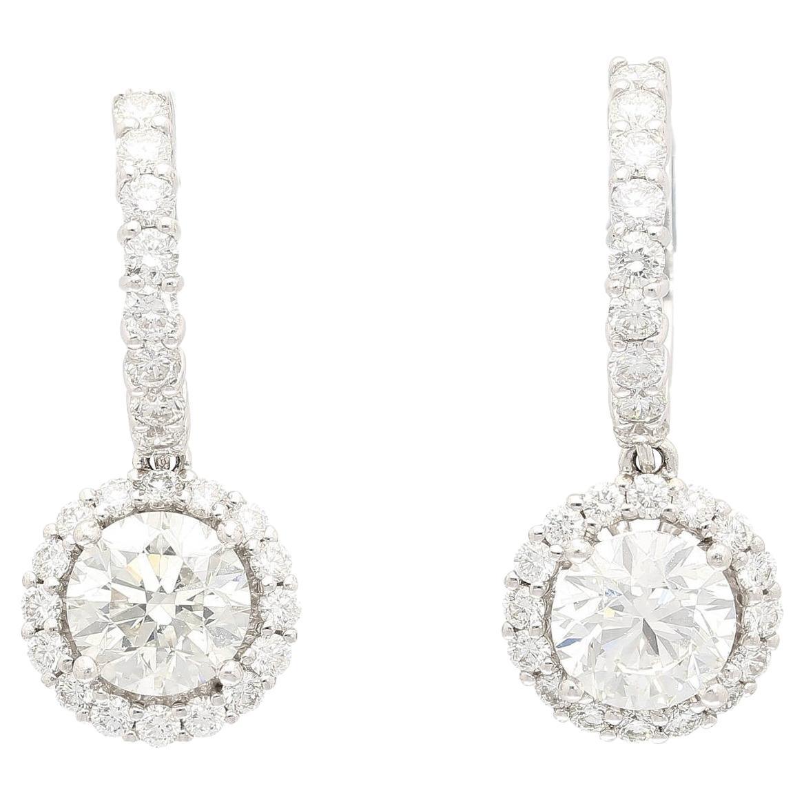 GIA Certified 3.7 Carat TW Natural Diamond Dangle-Drop Earrings & Halo in 18kw For Sale