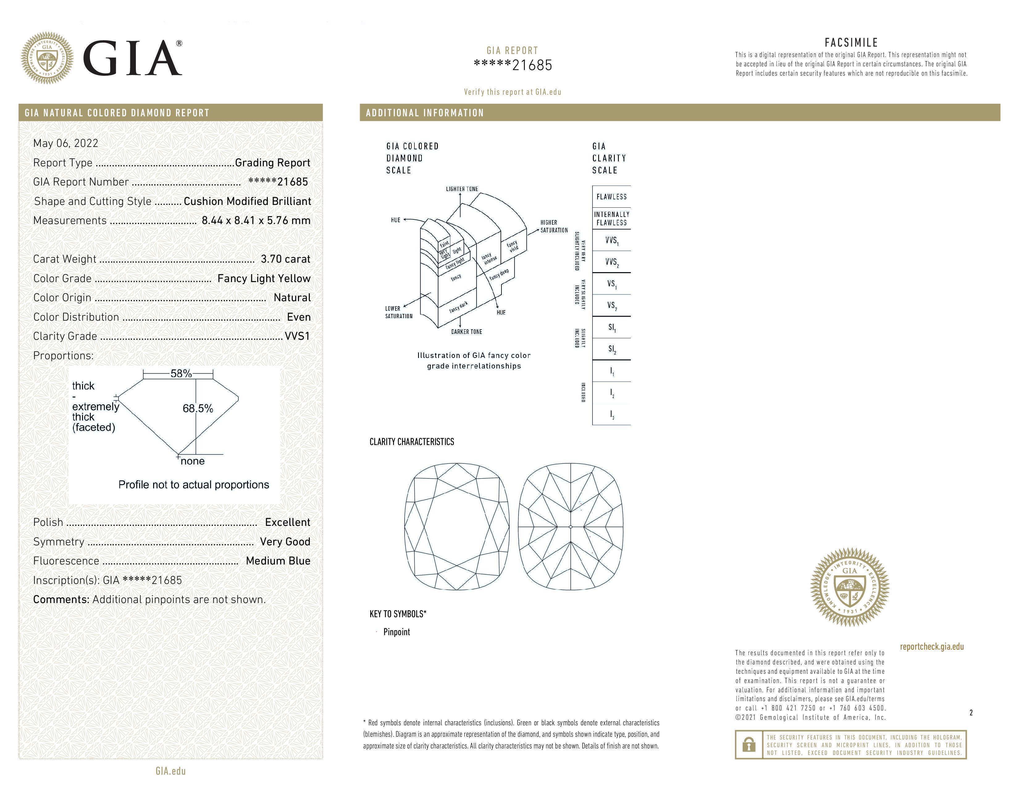 Cushion Cut GIA Certified 3.70 Carat Fancy Light Yellow Cushion Diamond Ring VVS1